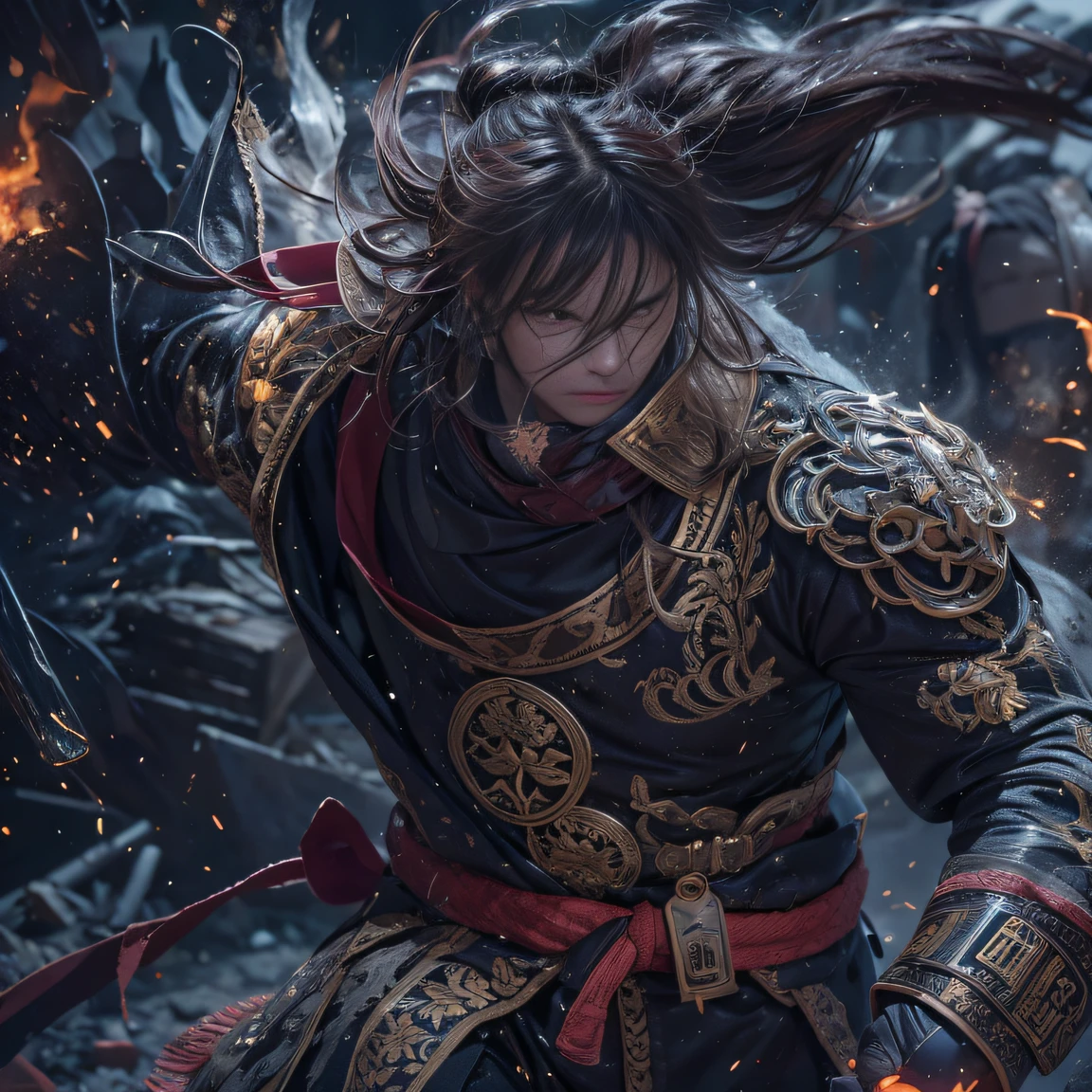 (废墟)eyes filled with angry,He clenched his fists,Rush up,Deliver a fatal blow to your opponent,full bodyesbian,Full Body Male Mage 32K(tmasterpiece,k hd,hyper HD,32K)Long flowing black hair,Campsite size,zydink, a color, patriot (废墟), (Linen batik scarf), Angry fighting stance, looking at the ground, Batik linen bandana, Chinese python pattern long-sleeved garment, (Abstract propylene splash:1.2), Dark clouds lightning background,Flour flies(realisticlying:1.4),Black color hair,Flour fluttering,Background fog, A high resolution, the detail, RAW photogr, Sharp Re, Nikon D850 Film Stock Photo by Jefferies Lee 4 Kodak Portra 400 Camera F1.6 shots, Rich colors, ultra-realistic vivid textures, Dramatic lighting, Unreal Engine Art Station Trend, cinestir 800,Flowing black hair,(((Male mage))),The male mage was furious,