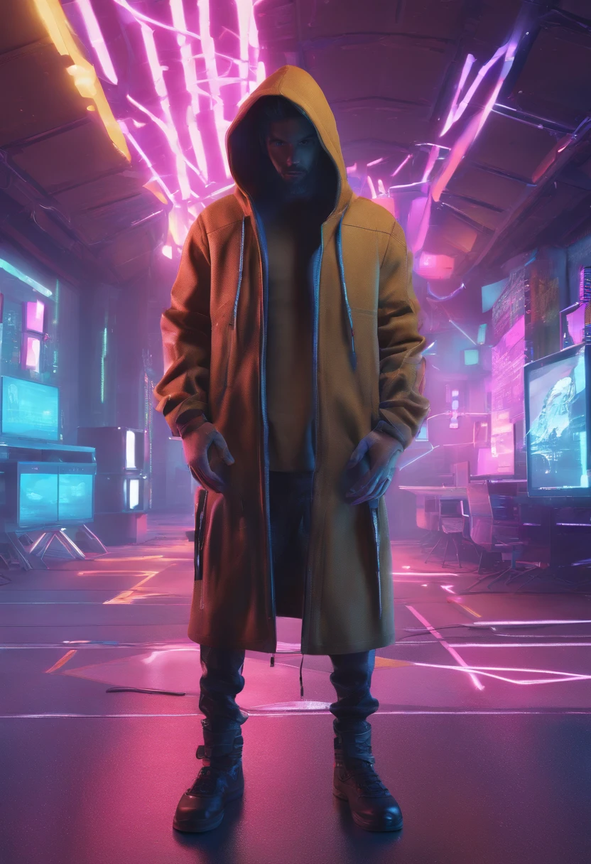 Male standing in the middle with his back turned against the viewer he has expressions and poses of confusion and dispare he is being surrounded by many invisible screens he is wearing a hoodie it’s a cyberpunk environment the background is white the male is holding a large sword he is also wearing headphones