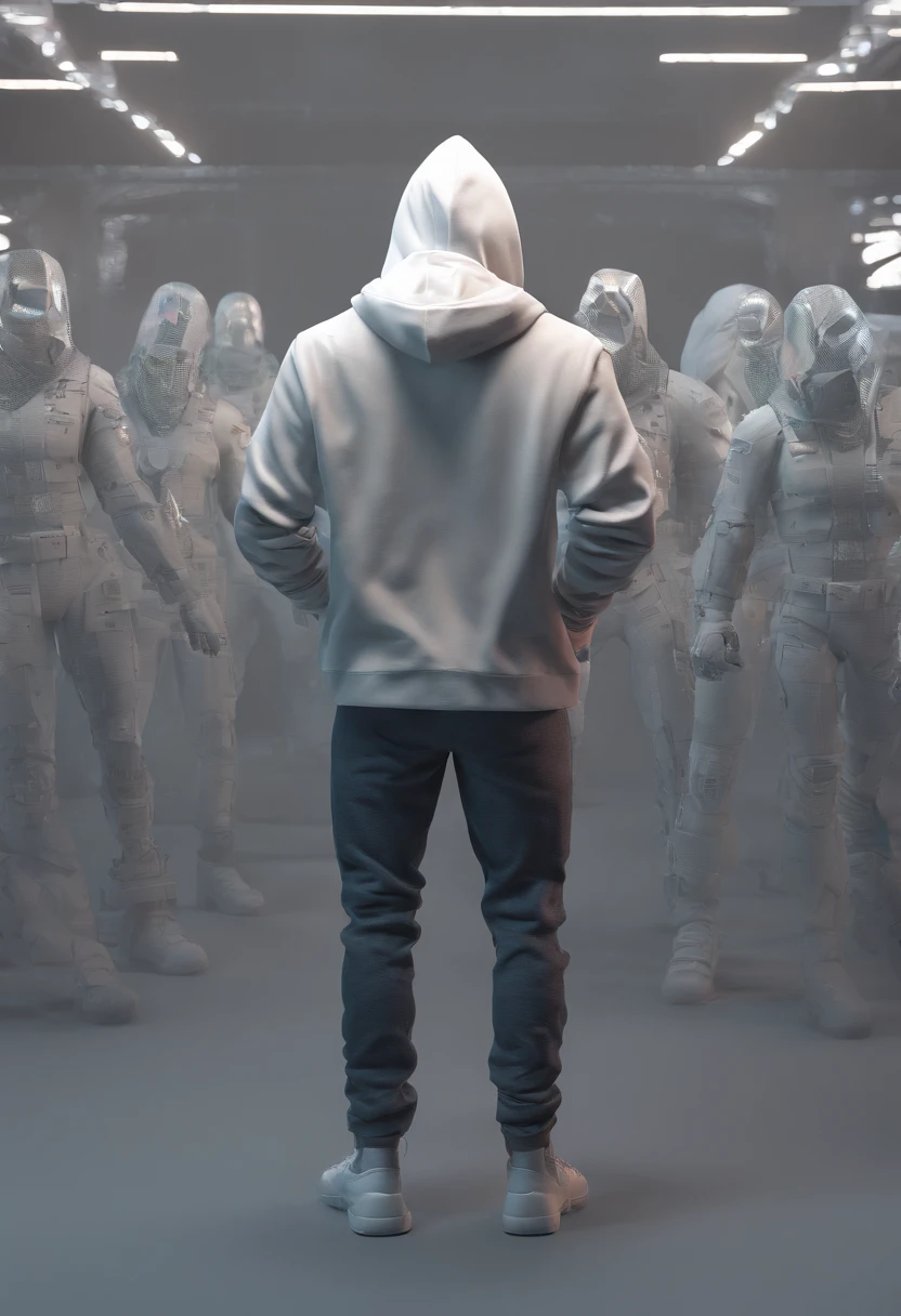 Male standing in the middle with his back turned against the viewer he has expressions and poses of confusion and dispare he is being surrounded by many invisible screens he is wearing a hoodie it’s a cyberpunk environment the background is white the male is holding a large sword he is also wearing headphones
