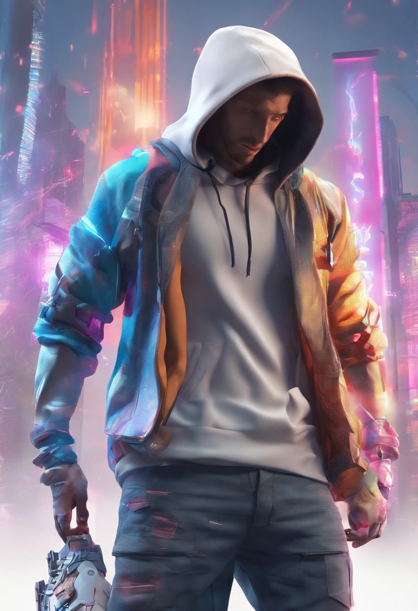 Male standing in the middle with his back turned against the viewer he has expressions and poses of confusion and dispare he is being surrounded by many invisible screens he is wearing a hoodie it’s a cyberpunk environment the background is white the male is holding a large sword he is also wearing headphones