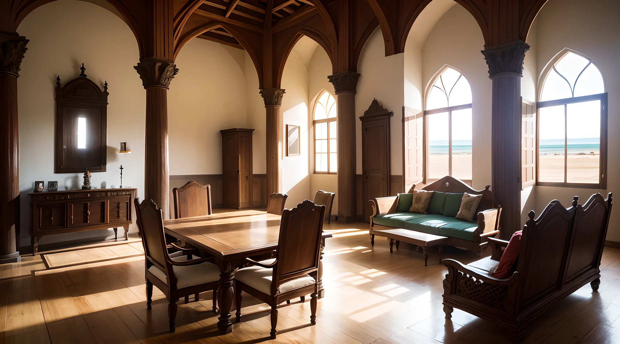 Interior view of East Africa Portuguese Governor's Palace, European and Christianity architecture, Kilwa, Mombasa, Malindi, Kingdom of Portugal, 15th century, medieval, East Africa element, Iberia Elements, mixture of East Africa style and European style and Kilwa style furniture, Portuguese style throne, no people, no word, no wordings, no signature