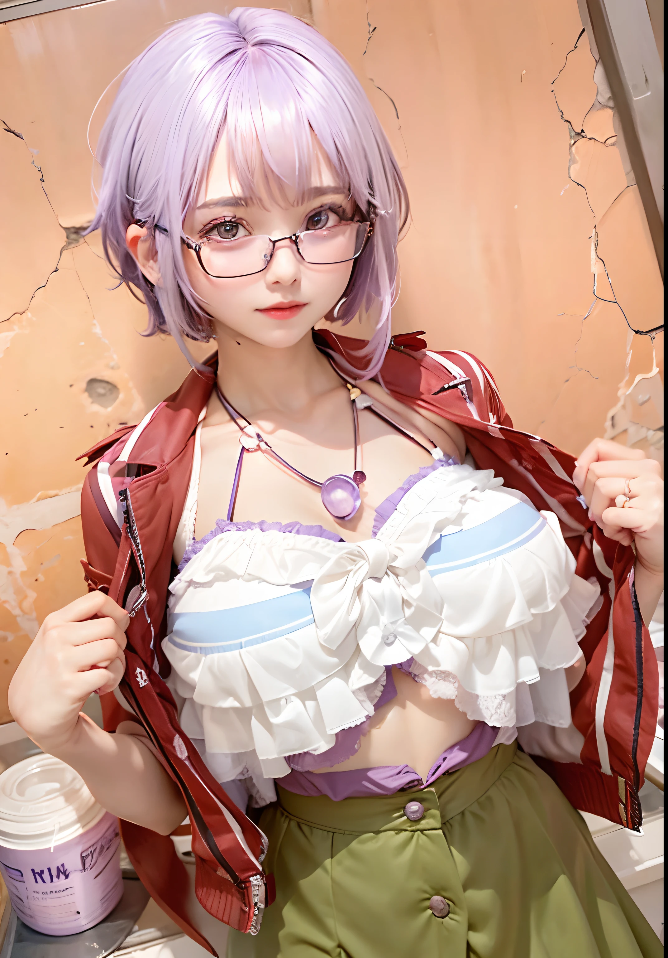 1girl, mash kyrielight, glasses, bikini, short hair, purple hair, relistic, ultra detail, 70mm lens,