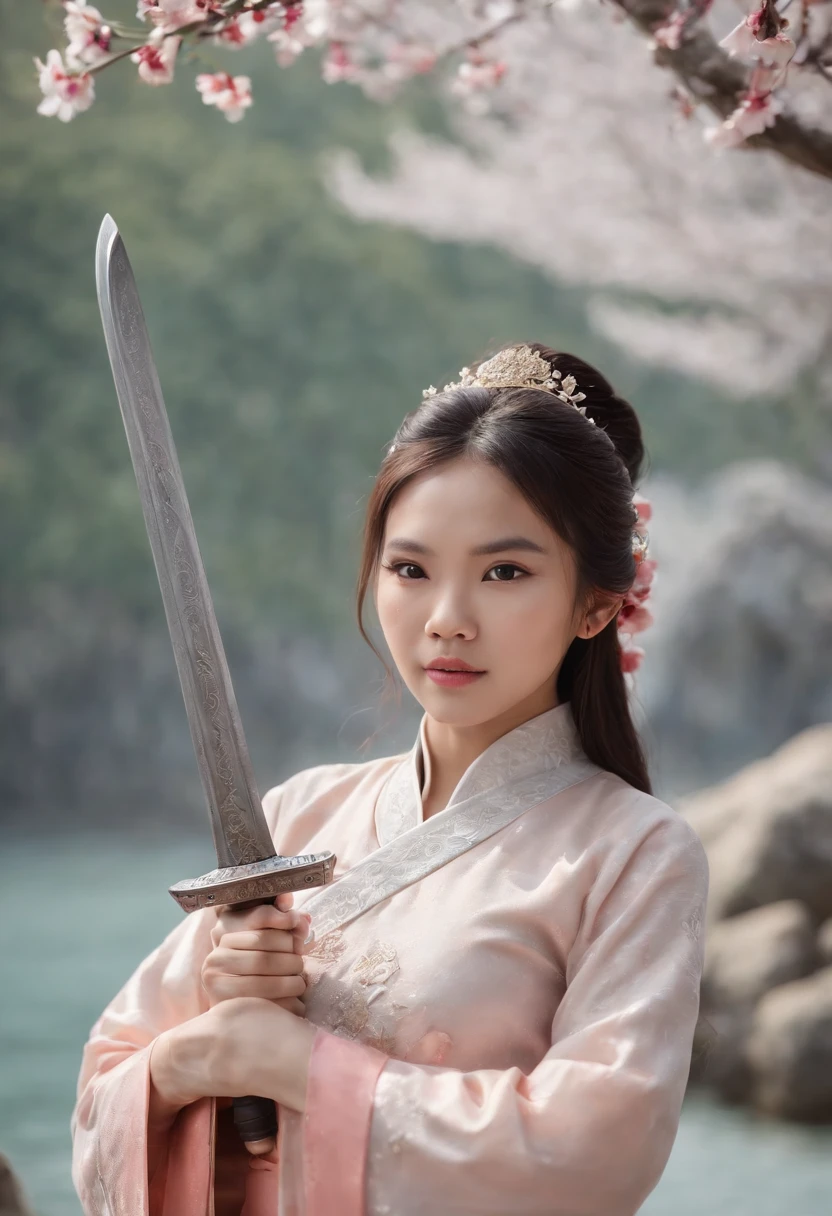 Vietnamese girl in snowy ao dai holding a sword, digital photo, real, win, dragon, battle, peach blossom, light sunshine, Ha Long Bay, fantasy, galaxy