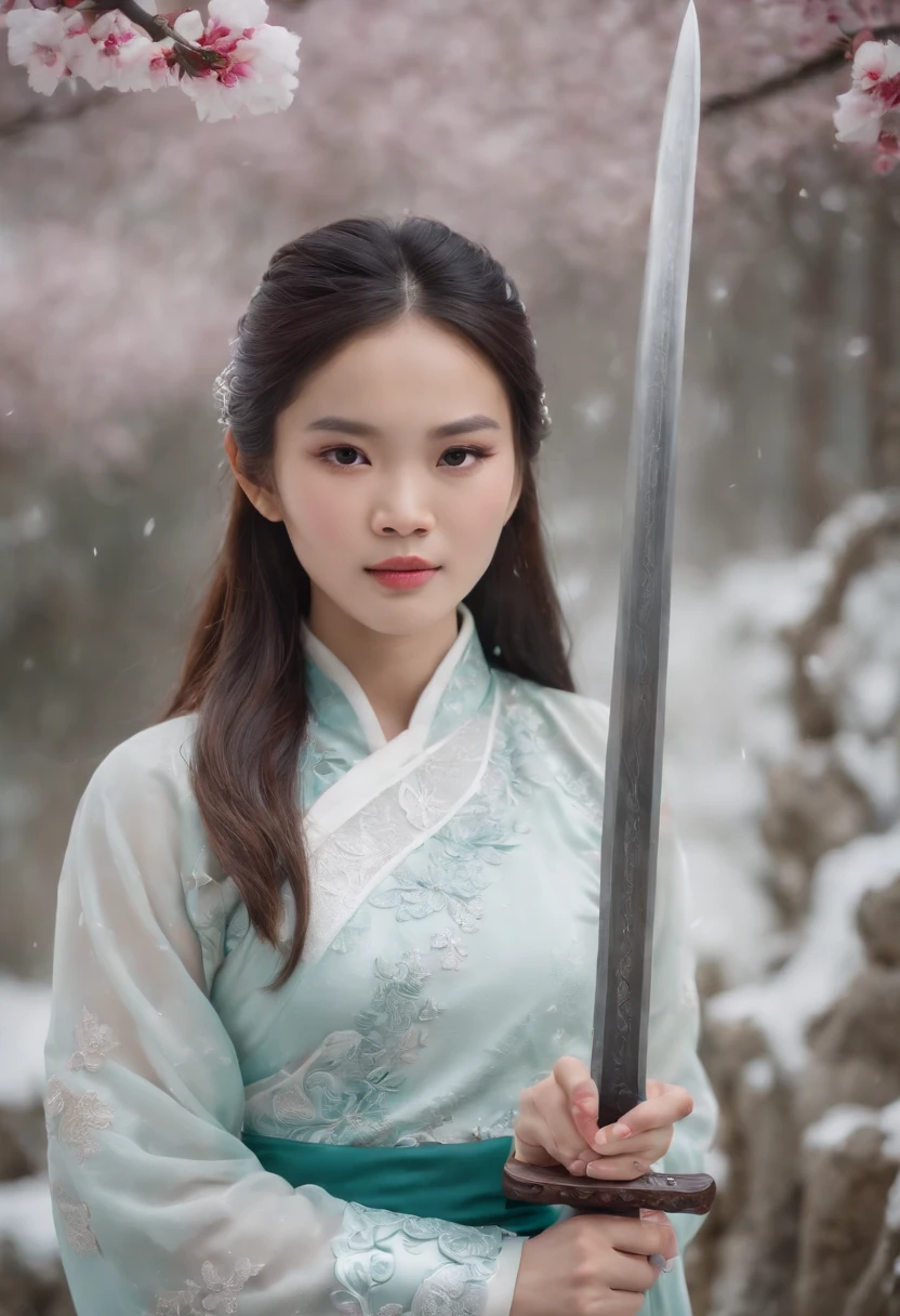 Vietnamese girl in snowy ao dai holding a sword, digital photo, real, win, dragon, battle, peach blossom, light sunshine, Ha Long Bay, fantasy, galaxy