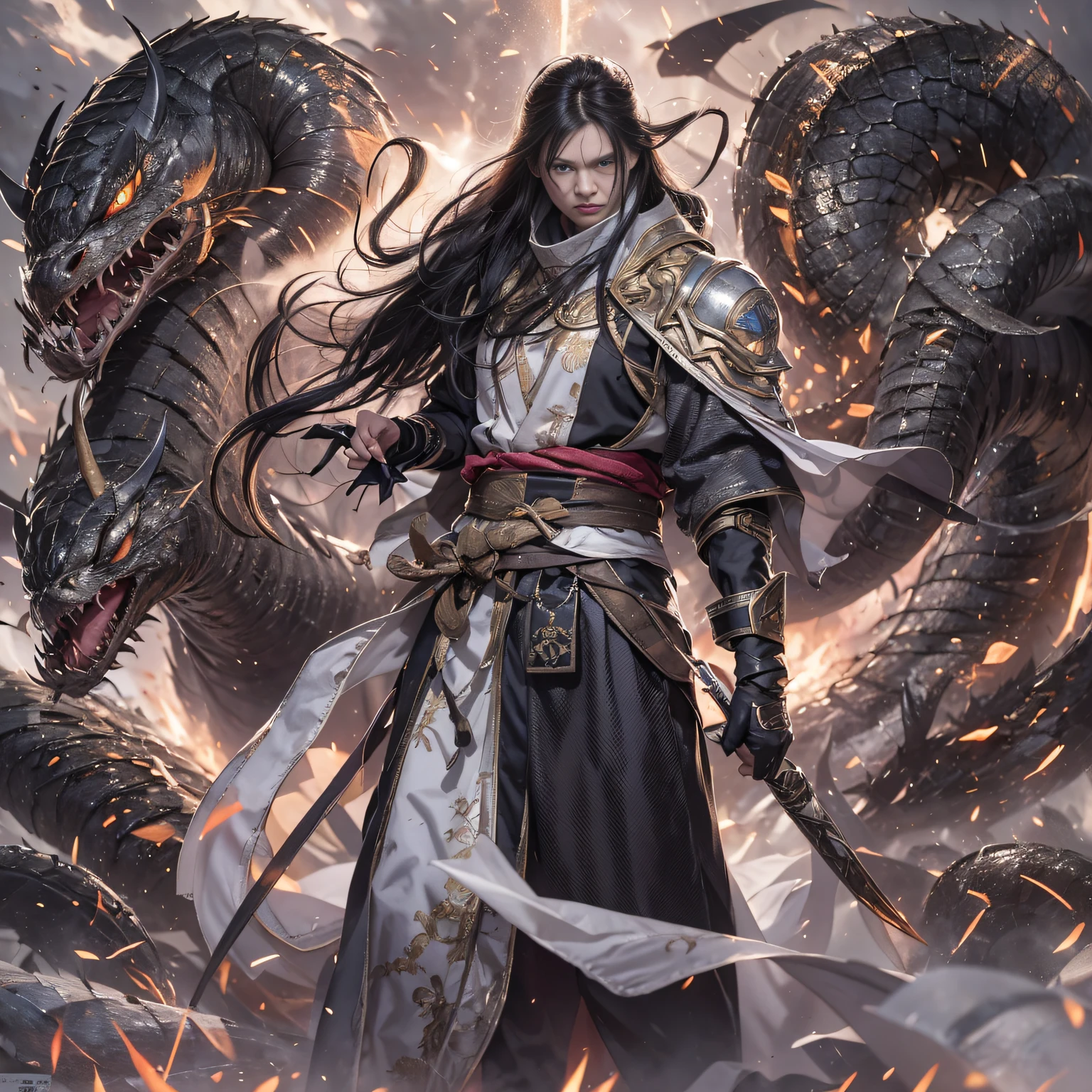 (Best quality, a high resolution, ultra detailed) silhouette (kimono, Hairy anthro) holding a bright pocket watch in his hands, surrounded by flowers, snakes and darkness, illustrative rendering, complex parts, Mysterious atmosphere, bright colors, dynamic lighting, Gothic style,