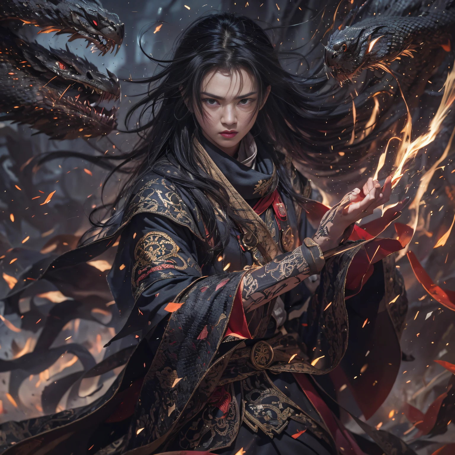 (废墟)eyes filled with angry,He clenched his fists,Rush up,Deliver a fatal blow to your opponent,full bodyesbian,Full Body Male Mage 32K(tmasterpiece,k hd,hyper HD,32K)Long flowing black hair,Campsite size,zydink, a color, patriot (废墟), (Linen batik scarf), Angry fighting stance, looking at the ground, Batik linen bandana, Chinese python pattern long-sleeved garment, (Abstract propylene splash:1.2), Dark clouds lightning background,Flour flies(realisticlying:1.4),Black color hair,Flour fluttering,Background fog, A high resolution, the detail, RAW photogr, Sharp Re, Nikon D850 Film Stock Photo by Jefferies Lee 4 Kodak Portra 400 Camera F1.6 shots, Rich colors, ultra-realistic vivid textures, Dramatic lighting, Unreal Engine Art Station Trend, cinestir 800,Flowing black hair,(((Male mage))),The male mage was furious,