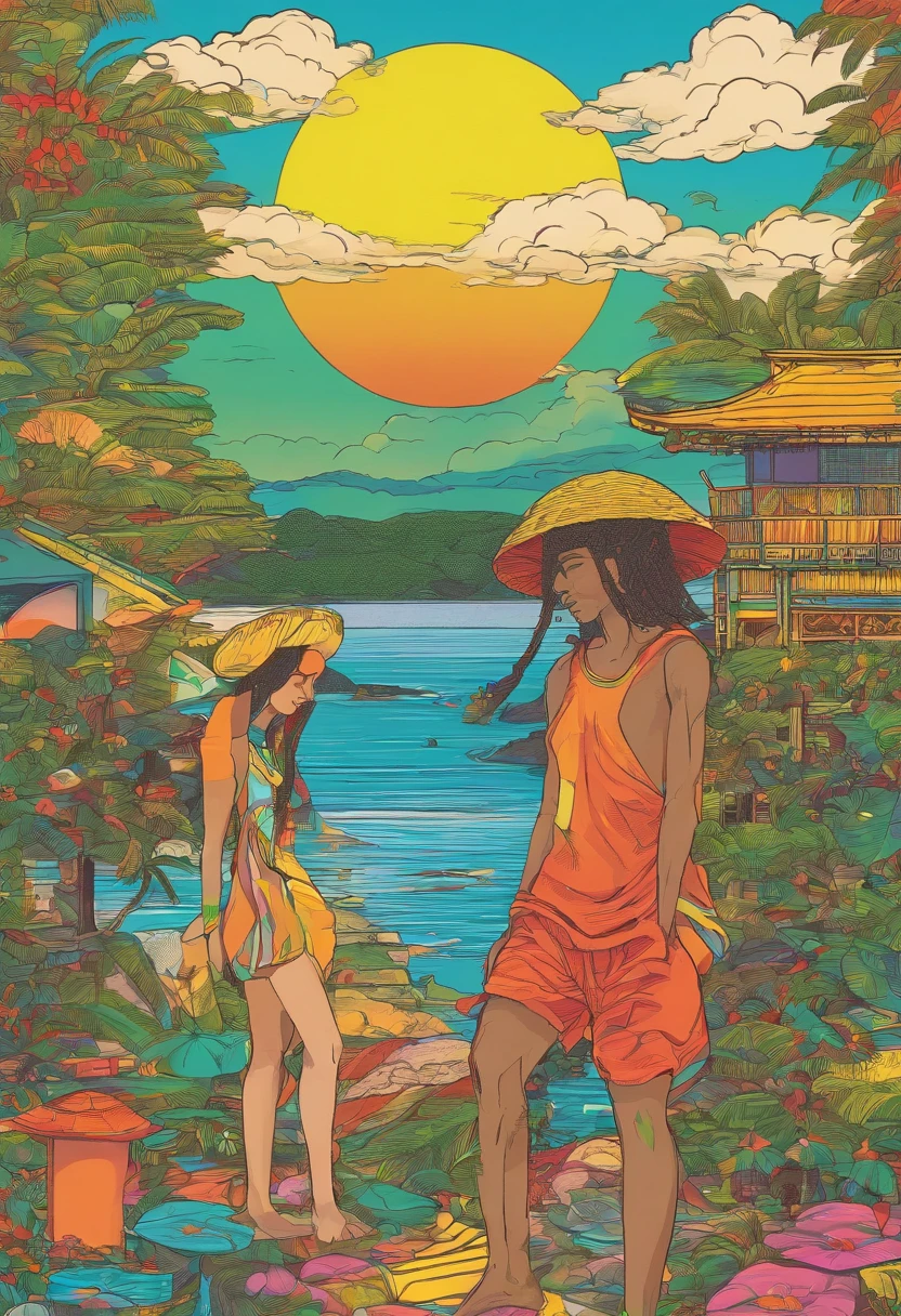 crea el atardecer en jamaica sin gente, colores rasta tipicos de la cultura rastafari, ambiente tranquilo, chill