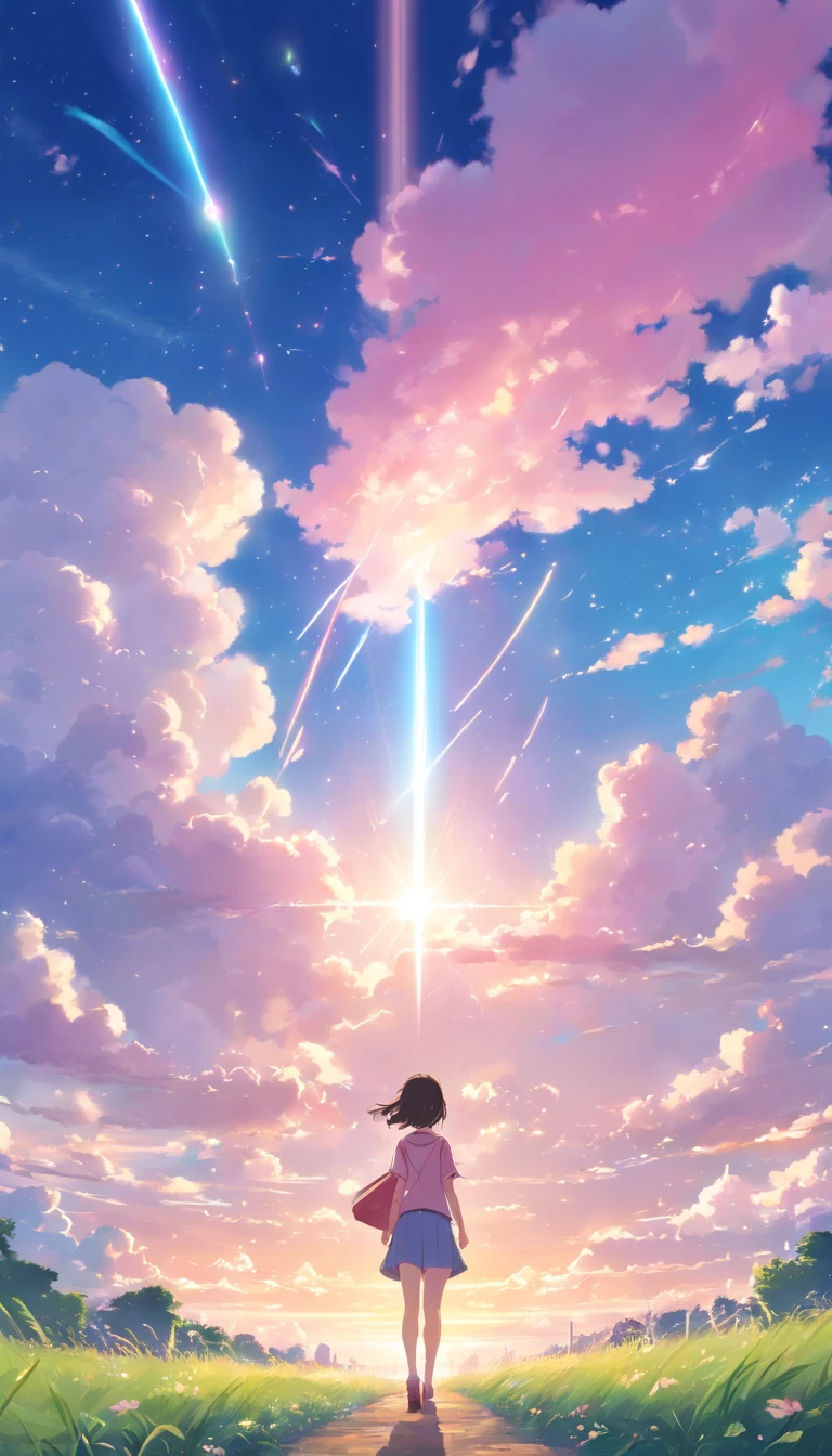 tmasterpiece,Clouds,immensity,Marshmallow properties,White pink tones,Above the whole,high-definition photography,blue-sky,Blue,Light wind,illustration,Clean and bright,Shooting stars dart across the sky,Bright light