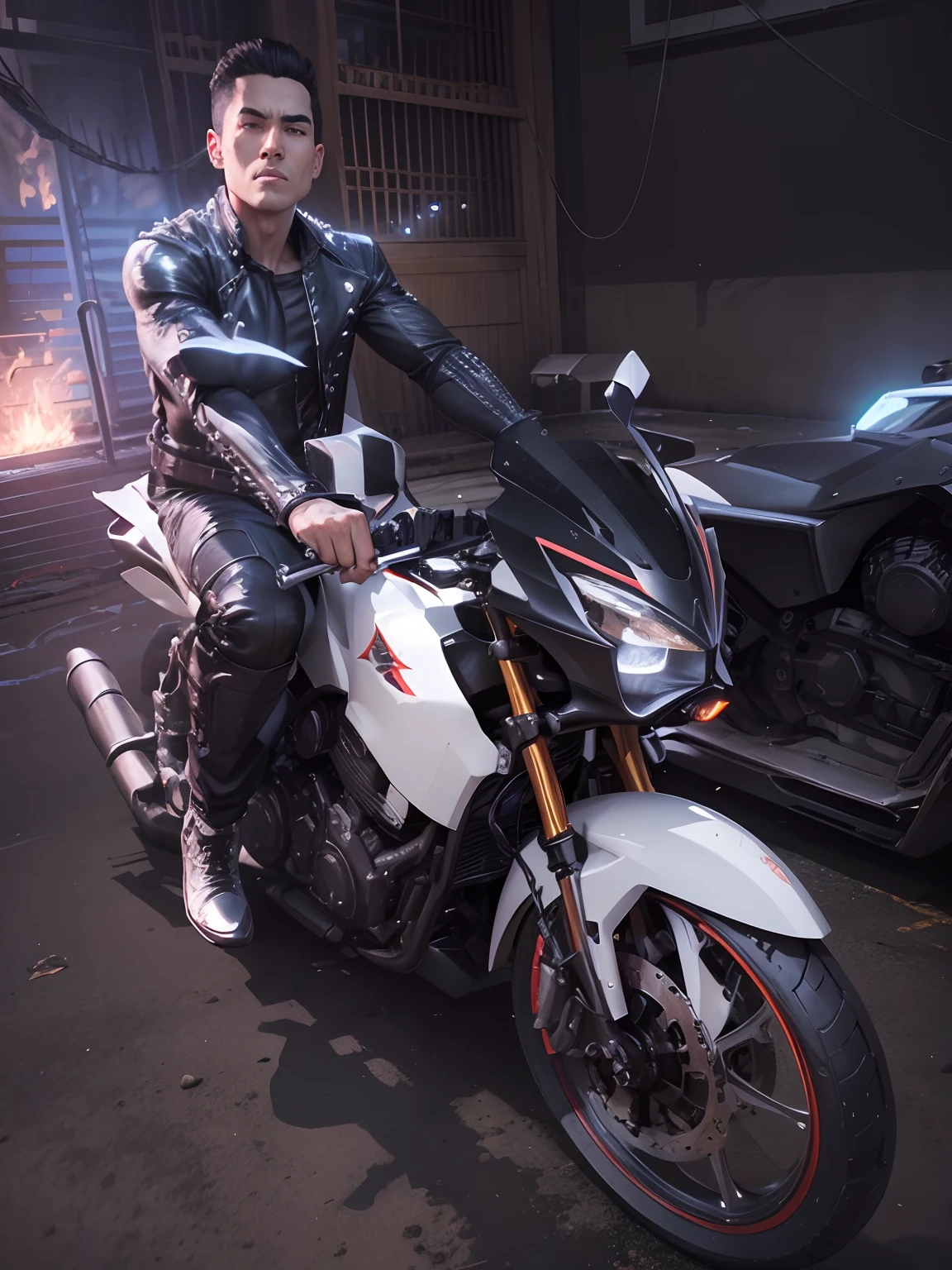 Create a ghost rider, with the black costume and with iron spikes on the shoulders, with arms raised, full body photo, realistic image, cinematic light, perfect hands, perfect legs, perfect body,