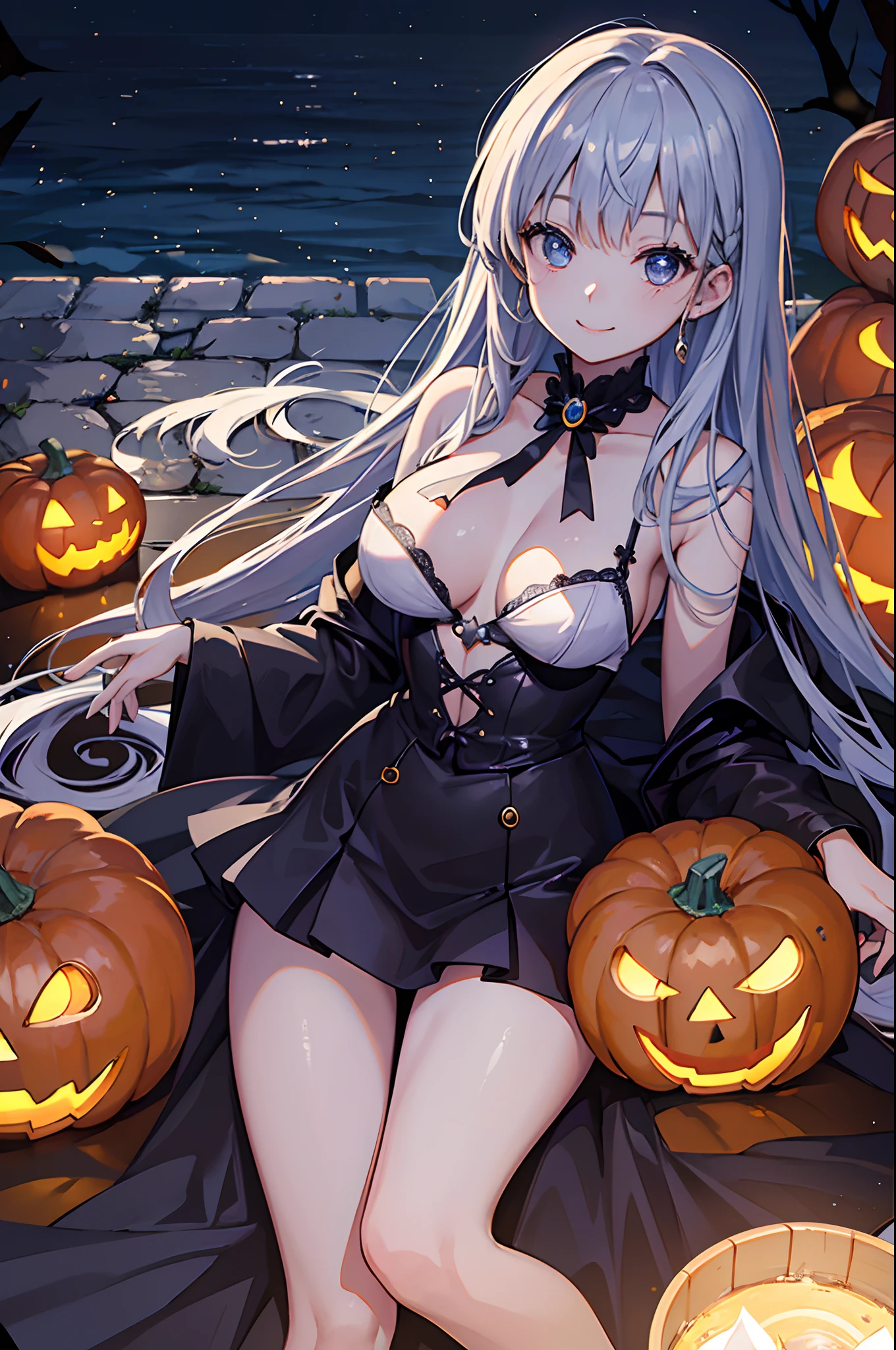 8K、top-quality、​masterpiece、realisitic、The ultra-detailliert、Photo Real、hyper realstic、Smooth lighting、Improved lighting quality in movies、Realistic lighting、back lighting、brightened light、enhanced quality、Top quality real texture skins、thin、cute  face、a smile、beautiful finely detailed eyes、in her 20s、Halloween、Cosplay、Beautie、pumpkins、silber hair、full bodyesbian、the witch