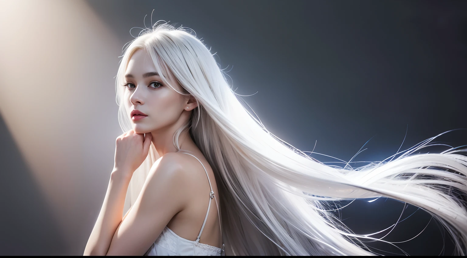 ((white hair)), ((silver hair)), long hair, wears a dress, sleeveless, beautiful, girl, 19 year old, beauty, half body portrait, 1, slender, extremely beautiful face, exquisite face