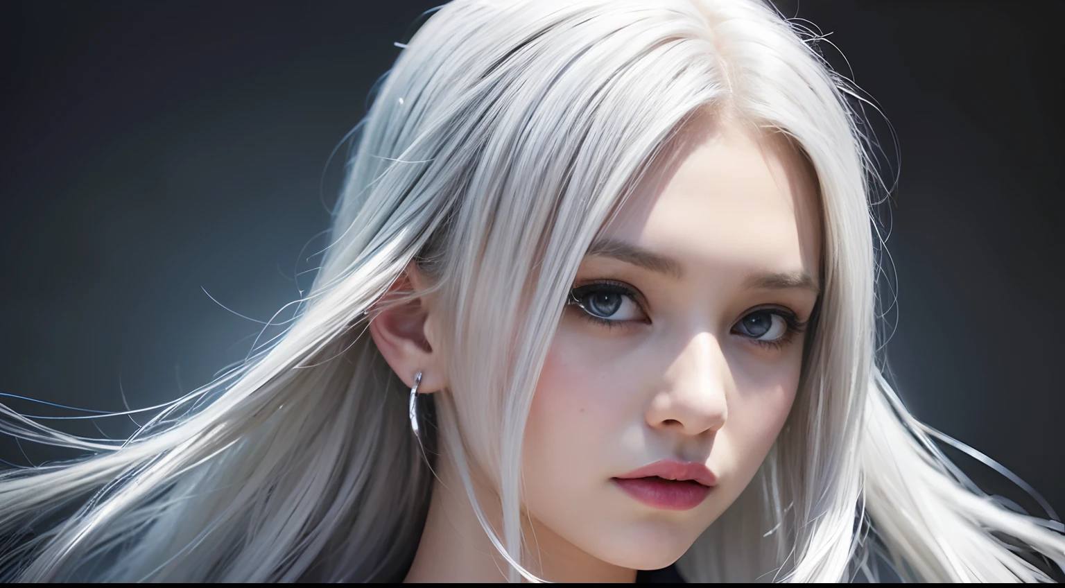 ((white hair)), ((silver hair)), long hair, wears a dress, sleeveless, beautiful, girl, 19 year old, beauty, half body portrait, 1, slender, extremely beautiful face, exquisite face