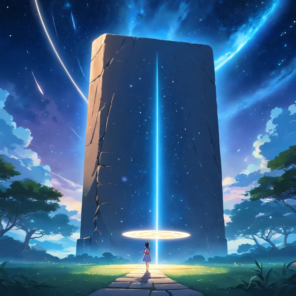 A stone tablet floats in the starry sky，The stele is covered with unknown text，A spaceship hangs in front of a stone monument，There are no characters in the picture，There is no ground either