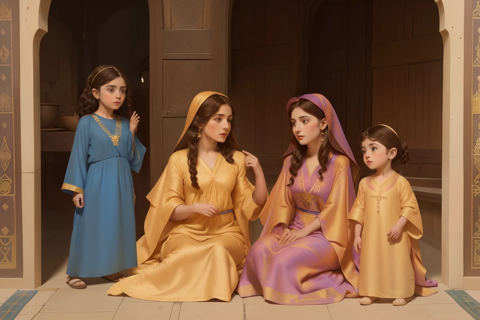 Year: 11th century. Location: Ispahan. Pre-raphaelite scene, 23-year-old, ((two jewish women)), and two boys, in the market, ((((11th century plain caftan)))) ((11th century jewish hairstyle)), (((cinematic style)))