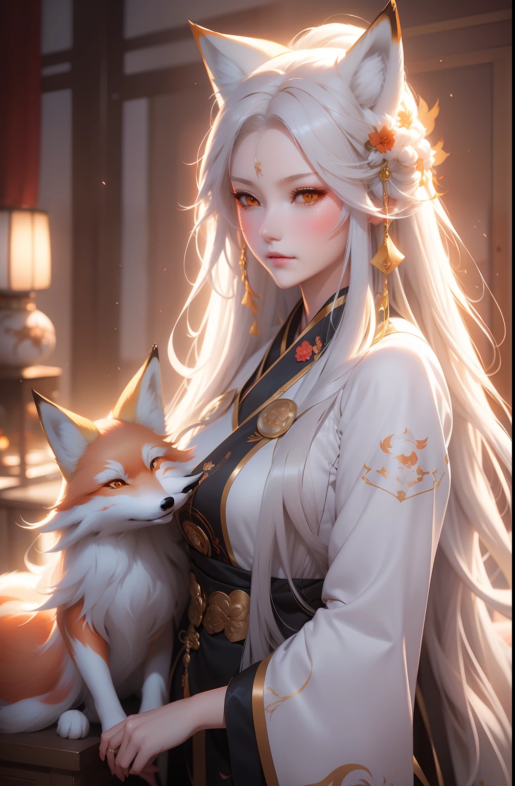 anime girl with long hair and a fox, a beautiful fox lady, white - haired fox, beautiful character painting, by Yang J, beautiful anime portrait, girl with fox ears, a beautiful kitsune woman, by Ni Tian, artwork in the style of guweiz, guweiz, by Ren Renfa, kitsune, soft anime illustration