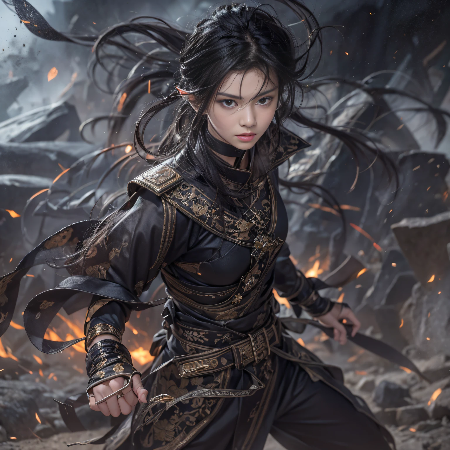 （废墟）eyes filled with angry，He clenched his fists，Rush up，Deliver a fatal blow to your opponent，full bodyesbian，Full Body Male Mage 32K（tmasterpiece，k hd，hyper HD，32K）Long flowing black hair，Campsite size，zydink， a color， patriot （废墟）， （Linen batik scarf）， Angry fighting stance， looking at the ground， Batik linen bandana， Chinese python pattern long-sleeved garment， （Abstract propylene splash：1.2）， Dark clouds lightning background，Flour flies（realisticlying：1.4），Black color hair，Flour fluttering，Background fog， A high resolution， the detail， RAW photogr， Sharp Re， Nikon D850 Film Stock Photo by Jefferies Lee 4 Kodak Portra 400 Camera F1.6 shots, Rich colors, ultra-realistic vivid textures, Dramatic lighting, Unreal Engine Art Station Trend, cinestir 800，Flowing black hair,（（（Male mage））），The male mage was furious，