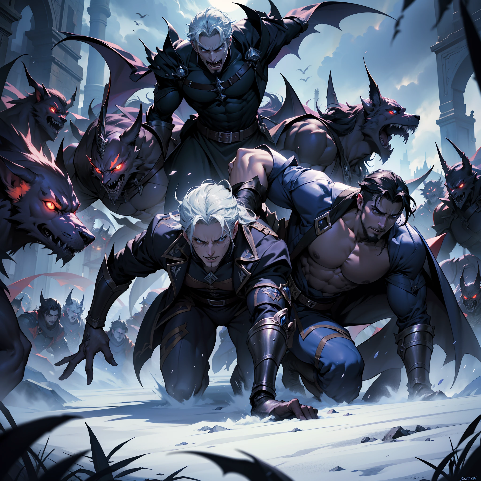Castlevania Battle Scenes Shadow Lord Hyper Realistic Super Detailed Legendary Lord Dracula Leading Troops Army of Demons to Fight Sharp Details Epic Legendary Hyper Realistic Cinematics Super Detailed Super Detailed Hyper Realistic Faces Super Detailed Poses Muscular Men Center Scene