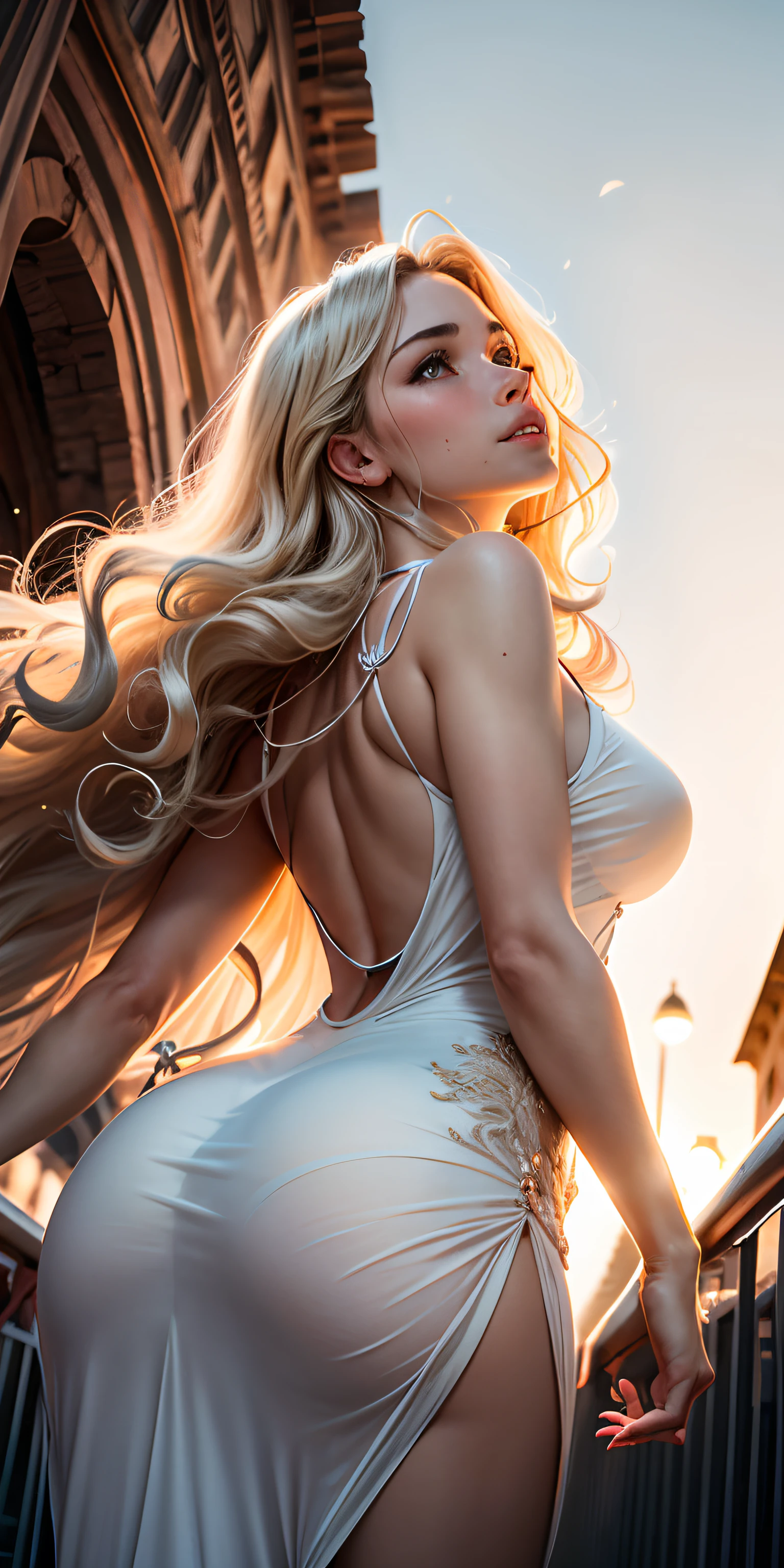 realisticlying、View from below the Rome Colosseum in Italy、19 year old girl with long blonde wavy hair.Wearing a beige ultra-thin tight fit long dress、Depiction looking up from below