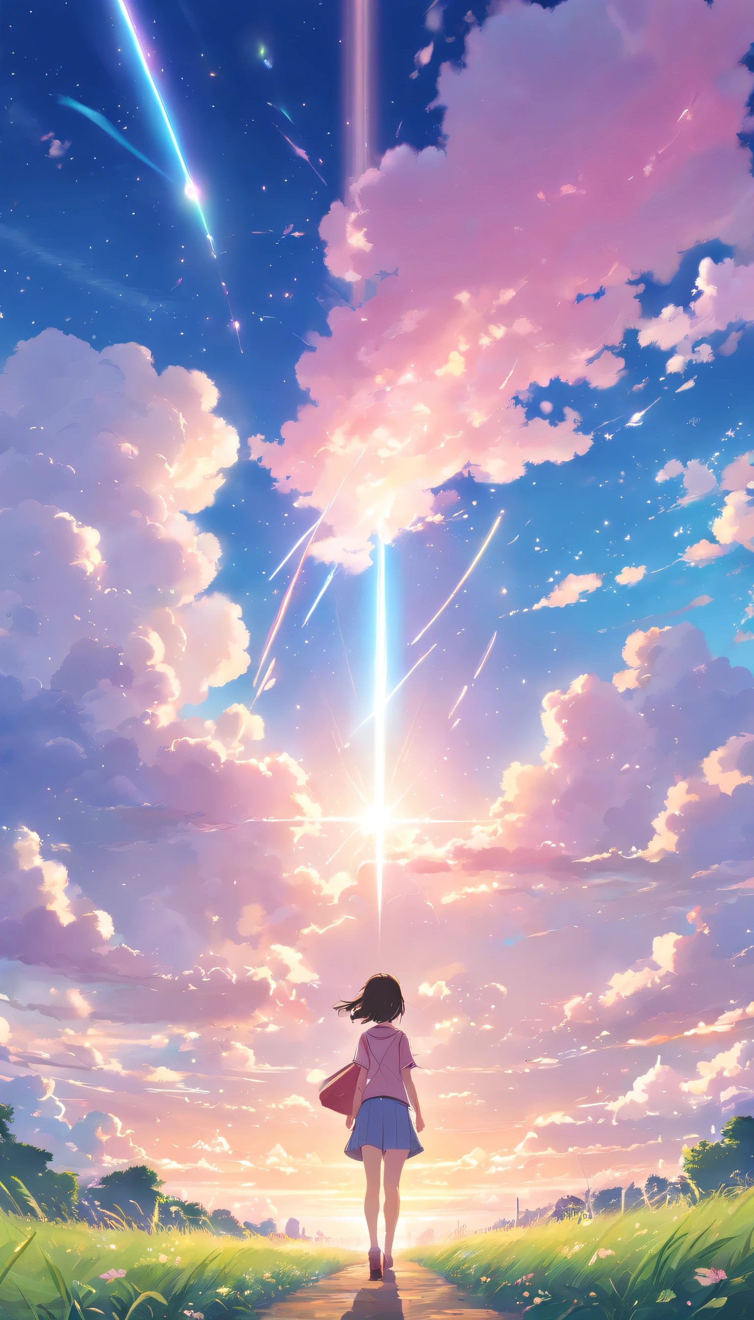 tmasterpiece,Clouds,immensity,Marshmallow properties,White pink tones,Above the whole,high-definition photography,blue-sky,Blue,Light wind,illustration,Clean and bright,Shooting stars dart across the sky,Bright light