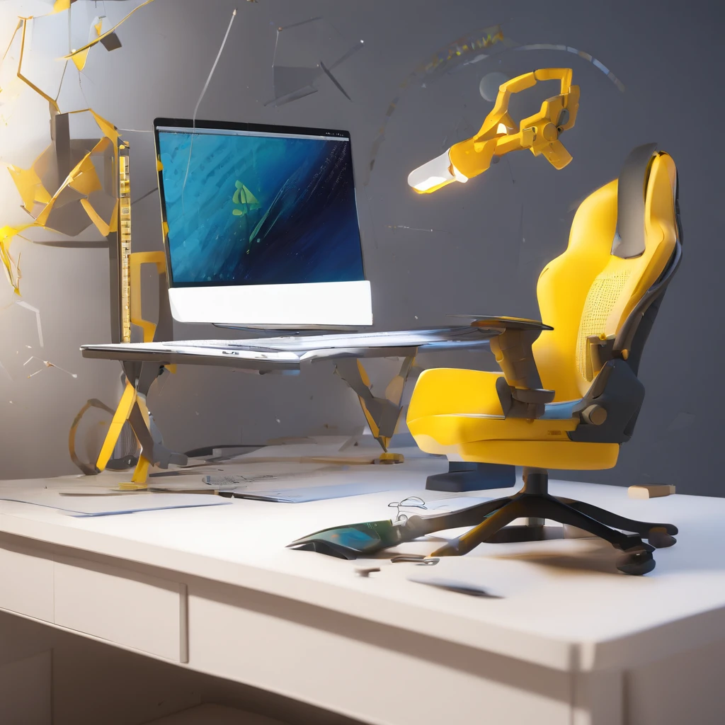 (a web developer working desk in low-poly render), futuristic, simple shading, white background, yellow color, grey color, navy color, white color, headphone, laptop, desk, chair, paper, monitor, laptop, keyboard, floating in the air, without wall, without room, without floor