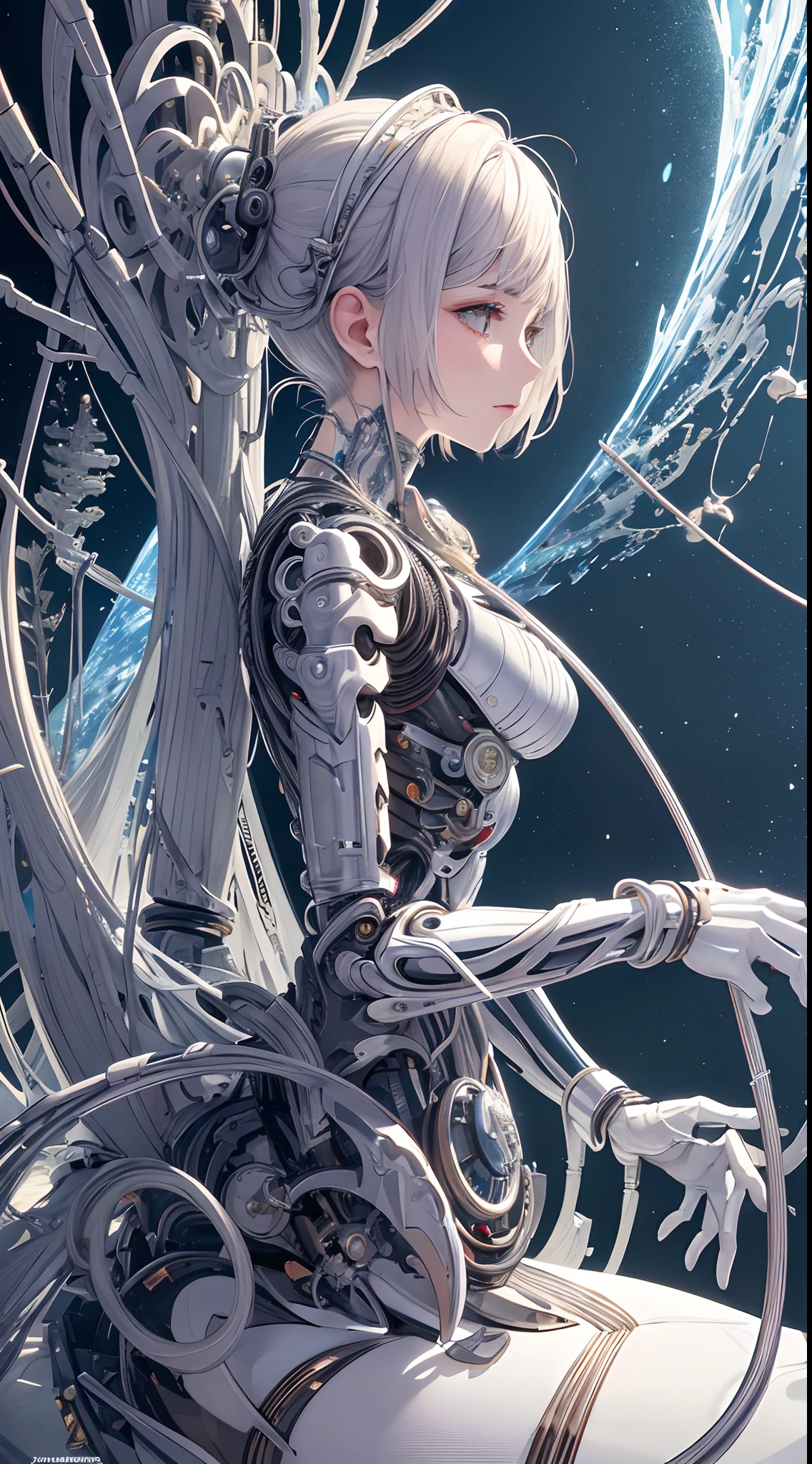 (((masterpiece))), (((best quality))), ((ultra-detailed)), (highly detailed CG illustration), ((an extremely delicate and beautiful)),(from side),cinematic light,((1mechanical girl)),solo,full body,(machine made joints:1.2),((machanical limbs)),(blood vessels connected to tubes),(mechanical vertebra attaching to back),((mechanical cervial attaching to neck)),(sitting),expressionless,(wires and cables attaching to neck:1.2),(wires and cables on head:1.2)(character focus),science fiction,extreme detailed,colorful,highest detailed