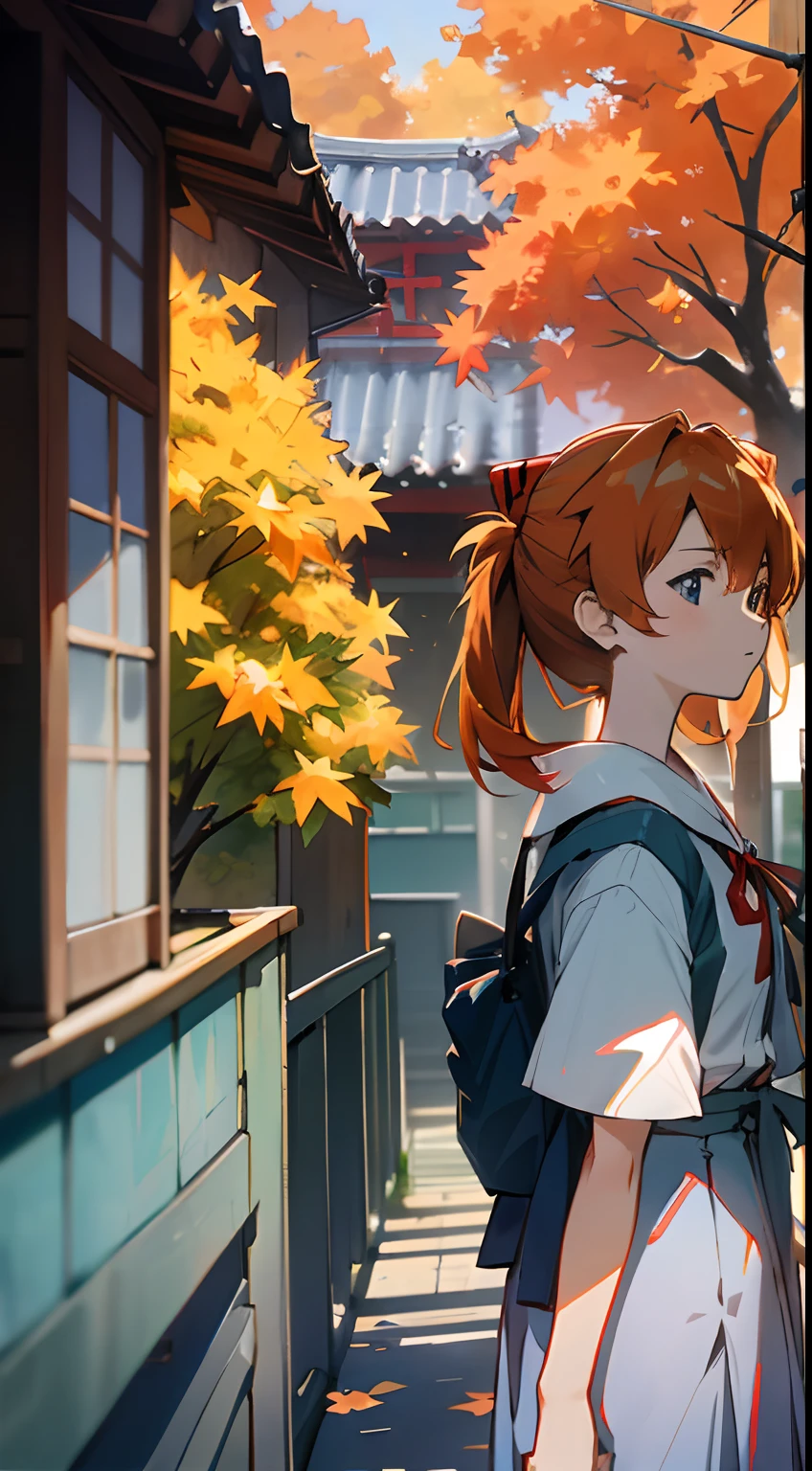 1 girl, asuka,School uniforms in Japan, Evangelion, 8K, best quality, japanese cloth, looking out the window, more details,autumn, cool style, bright colors,sunlight,japan,osmanthus tree,JK,