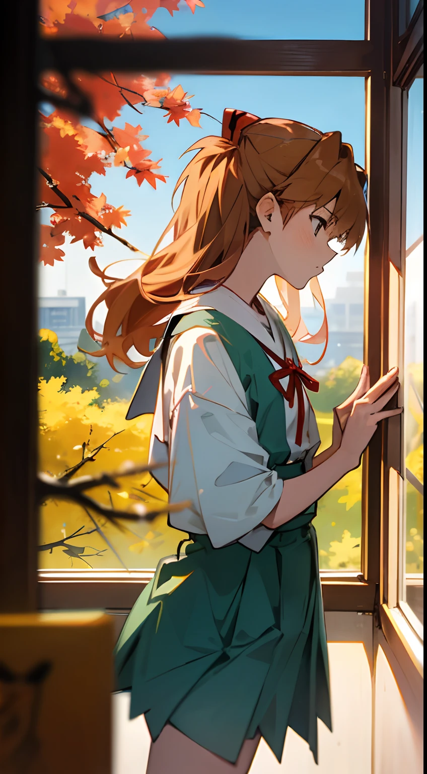 1 girl, asuka,School uniforms in Japan, Evangelion, 8K, best quality, japanese cloth, looking out the window, more details,autumn, cool style, bright colors,sunlight,japan,osmanthus tree,JK,