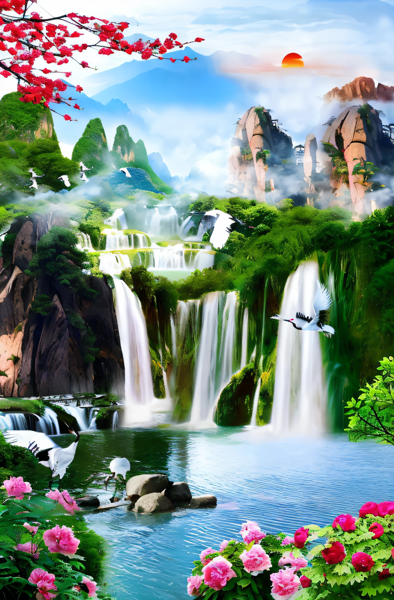 painting of a waterfall with birds flying over it and a mountain in the background, majestic nature scenery, waterfalls and lakes, beautiful stunning waterfall, natural landscape beauty, waterfall backdrop, peaceful beautiful waterfall, floating waterfalls, waterfall background, beautiful nature, stunning nature in background, really beautiful nature, nature wallpaper, waterfall(beautiful, beautiful waterfall, multiple waterfalls, stunning waterfall, waterfalls