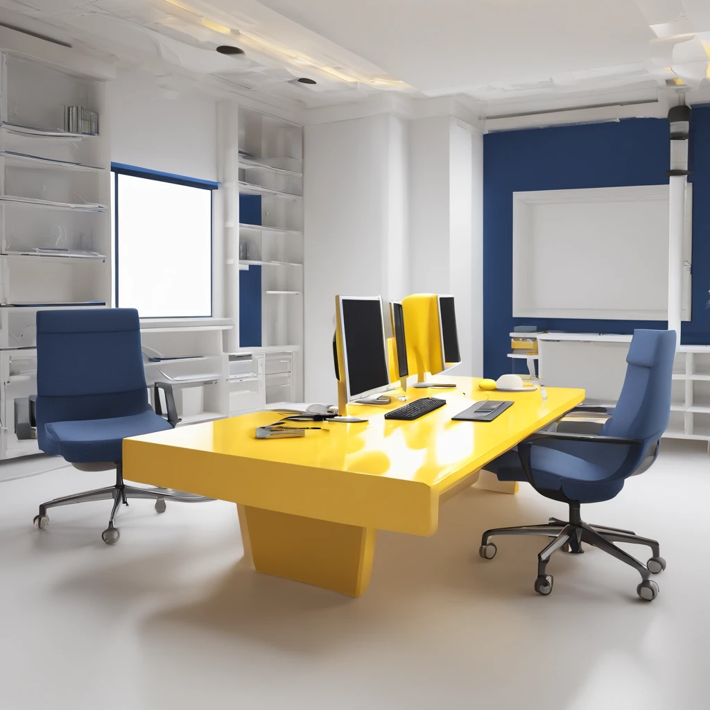 (a web developer working desk in the middle of empty room and clean white space), futuristic, simple shading, white background, yellow color, grey color, navy color, white color, headphone, laptop, desk, chair, paper, monitor, laptop, keyboard