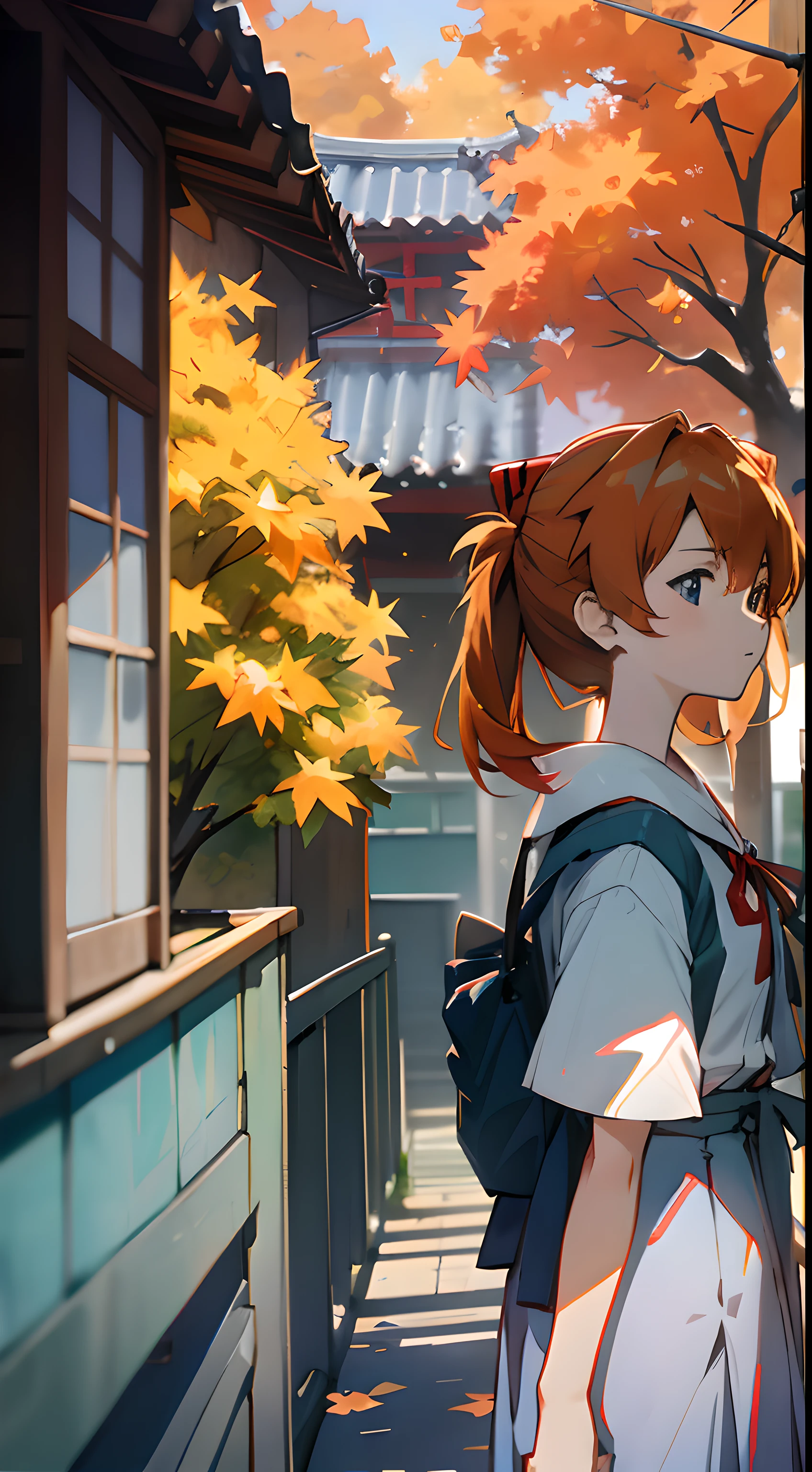1 girl, asuka,School uniforms in Japan, Evangelion, 8K, best quality, japanese cloth, looking out the window, more details,autumn, cool style, bright colors,sunlight,japan,osmanthus tree,JK,