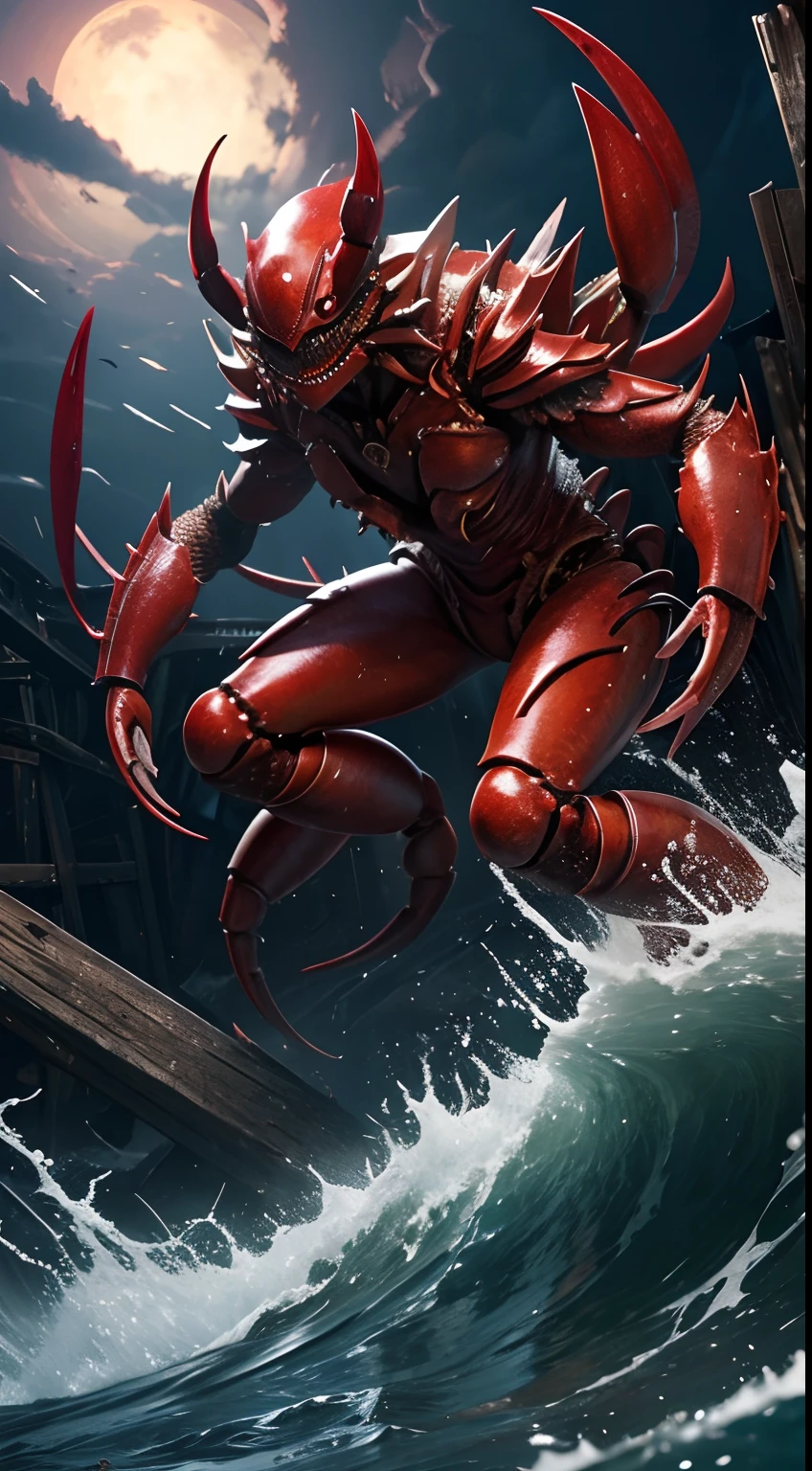 Sea creatures pounce,Crab Woman、Full body,Personification of crabs、red eyes、cruel、Realistic Digital, Humanoid、Convoluted, epicd, Dramatic, masutepiece, high detailing, Best Quality, 超A high resolution、Horror movie lighting