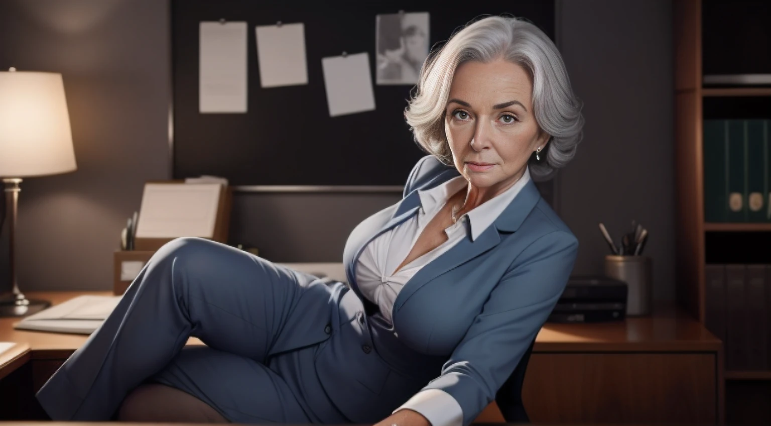 85-year-old woman with gray hair, seductive gaze, medium shortly old gray hair, blue eyes, a lot of wrinkles on her face, old woman, old body with wrinkles, detailed wrinkles (Old women in Europe)proper eye position,cinematic light, , soft light, night time, soft moonlight, detailed background, clear background, milf, highly detail, 8k, office,detailed face, extra detailed eyes, beautiful eyes, perfect eyes, director's office room, clear background, office worker room background, sexy office worker suit, sexual office worker clothes, ultra detailed background, detailed background, showing full body, full body, full body visible, perfect visible background, solo, small breasts, short blouse, open legs, low stockings, carismatic, very detail, there is a old woman in the room, she is a boss, office theme, soft clothes, short hair, wearing cloth pants blazer, 85 years old, full body, wearing high heels