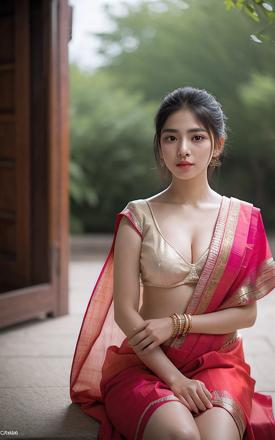Highly detailed CG Unity 8K wallpaper, With the highest quality, (UHD:1.2,32k), (face detailed:1.2), super detailed, Master Piece, Realistic, photograph realistic, extremely detailed cute girl, 25 years old, blush , Round eyes, small breasts , cleavage, looking viewer,((full-body shot:1.2)) , (Indian saree:1.4), (sitting in the temple:1.2), (outdoor:1.1), (Dynamic Pose), (DSLR photo), ((f/11 Sony A7S 135mm)), (Realistic Skin tone),(nsfw:1.4)
