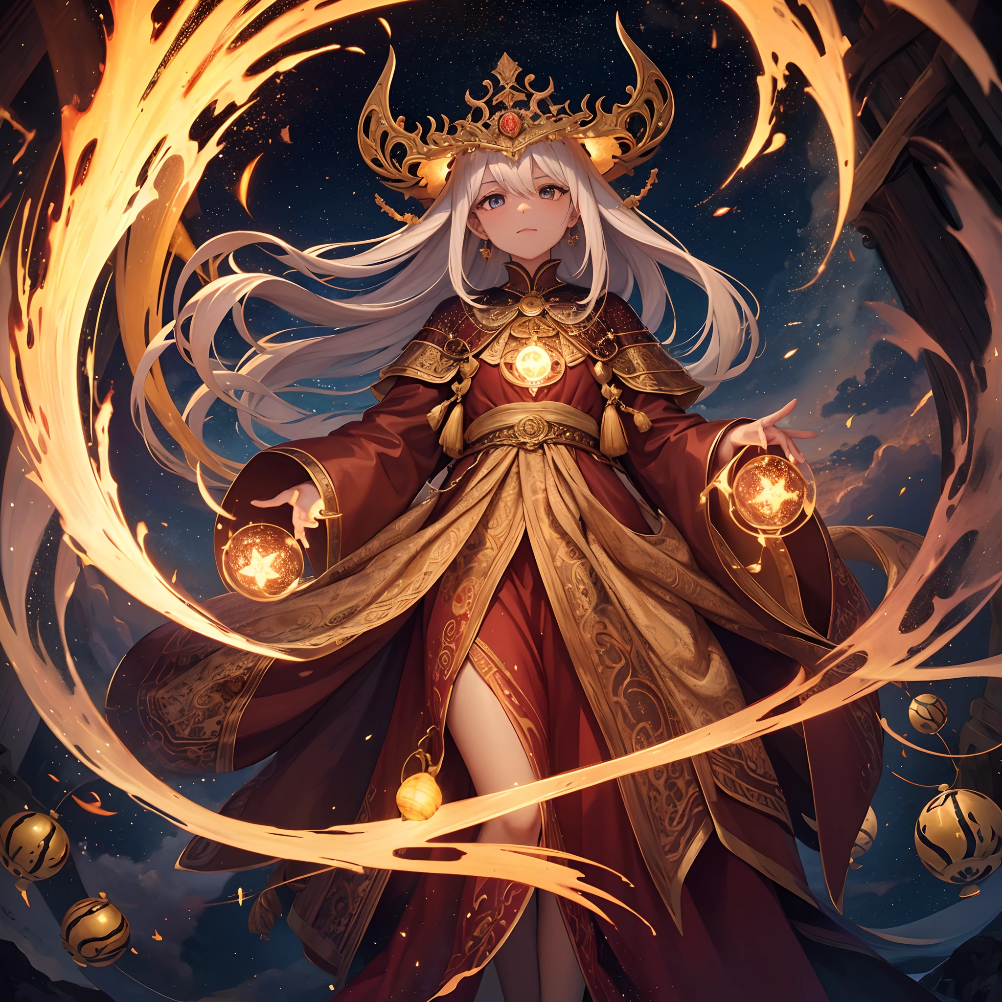 In the midst of a dark and mystical scenario, se vislumbra un majestuoso carruaje de fuego que parece materializarse de las sombras. The flames dance with a magical ardor, Remolinos en formas caprichosas alrededor del carruaje, pintando el cielo nocturno con tonalidades naranjas y rojizas.
This carriage is being guided by two towering snakes, con escamas iridiscentes que reflejan las llamas, wrapped in an ethereal dance. Their bodies meander in perfect harmony, forming aerial spirals while playing magic flutes with their fangs. The melody emanating from his flutes is hypnotic and melancholic.., atrapando a todo aquel que la escuche en un trance de asombro.
Las serpientes parecen enlazar sus cuerpos, formando un arco sobre el carruaje, Granting an aura of protection and power. Las luces centelleantes de las llamas resaltan los detalles intrincados del carruaje, revealing mystical engravings and ornaments that shine in the fire.
The carriage itself is adorned with magical and ancient motifs, Reminiscent of mythological creatures and alchemical symbols. The wheels look like they're made of solid fire, spinning in a rhythm synchronized with the melodious music of snakes, dejando una estela luminosa a su paso.
en el fondo, un oscuro, The starry horizon serves as a backdrop, accentuating the enigmatic presence of this chariot of fire guided by snakes Music. It is a scene that seems to be taken from a magical tale, llena de misterio y magia.