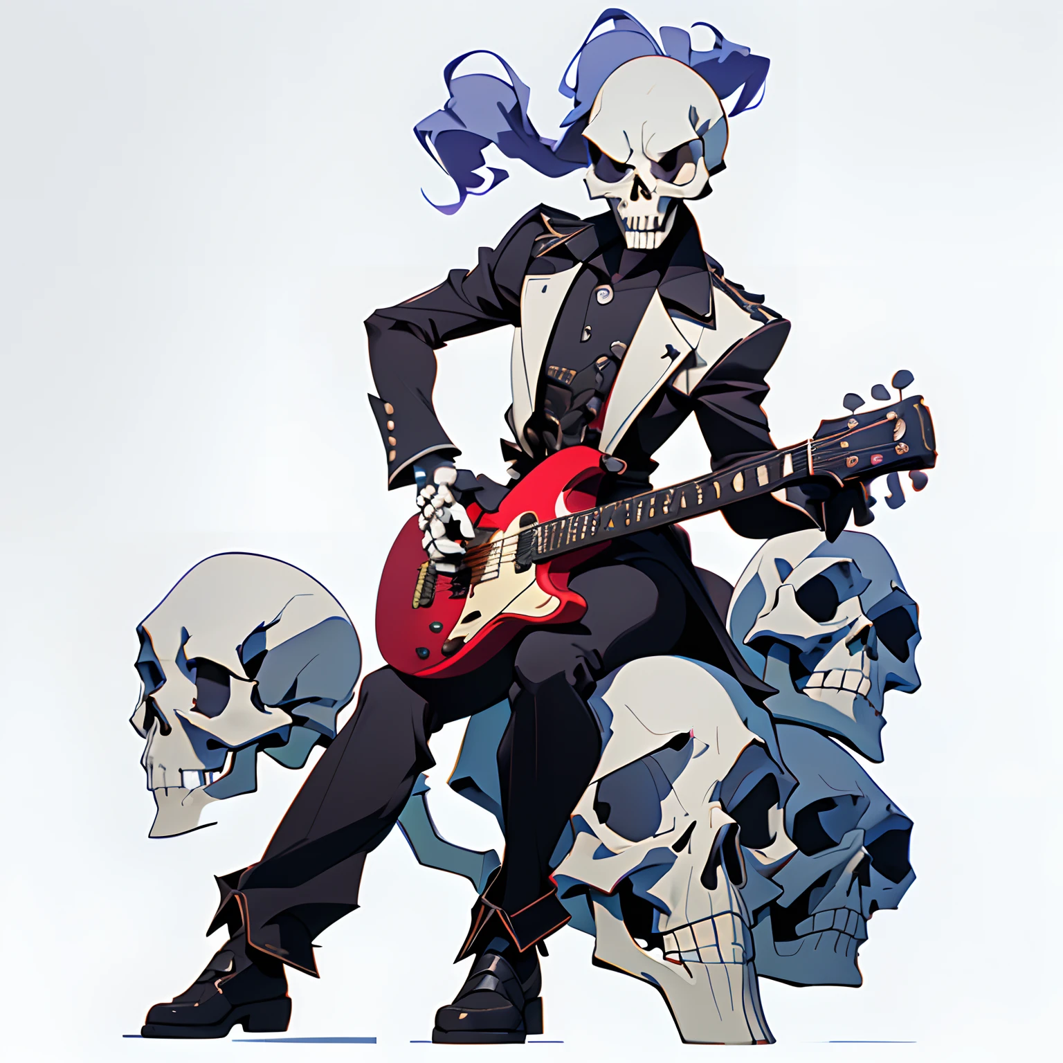 masutepiece, Best Quality, 4K, 超A high resolution, ultra-detailliert, High resolution, Ultra HD, sophisticated details, Backlight, ((Full body shot)), ((No background)), ((White background)), Man's, Street musician, Play the guitar, guitarrist, ((Skull face)), Military uniform, 1 person, Chibi