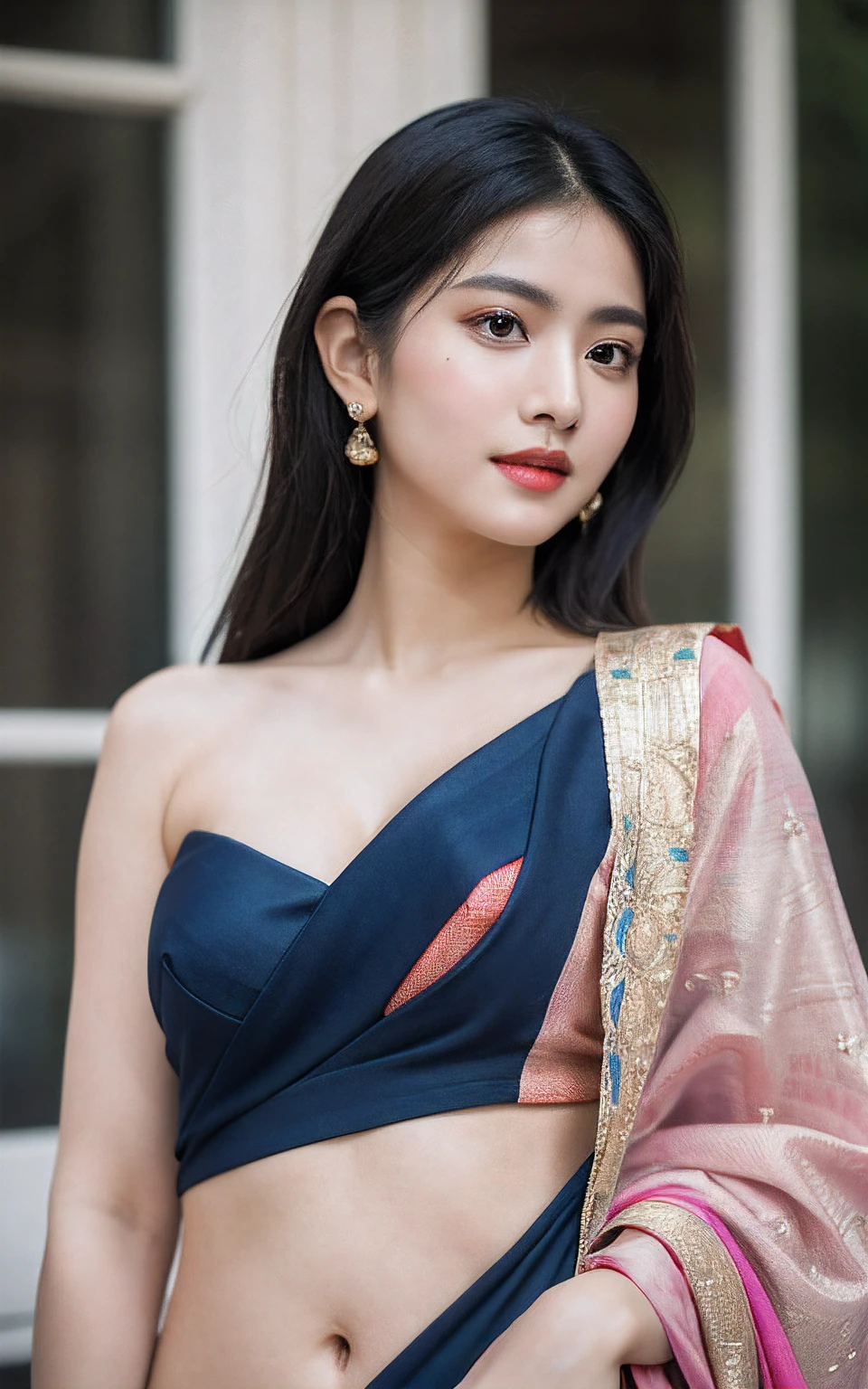 Highly detailed CG Unity 8K wallpaper, With the highest quality, (UHD:1.2,32k), (face detailed:1.2), super detailed, Master Piece, Realistic, photograph realistic, extremely detailed cute girl, 25 years old, blush , Round eyes, small breasts , cleavage, looking viewer,(( half body shot)) , (Indian saree:1.4), (Standing:1.2), (outdoor:1.1), (Dynamic Pose), (DSLR photo), ((f/11 Sony A7S 135mm)), (Realistic Skin tone),(nsfw:1.4)