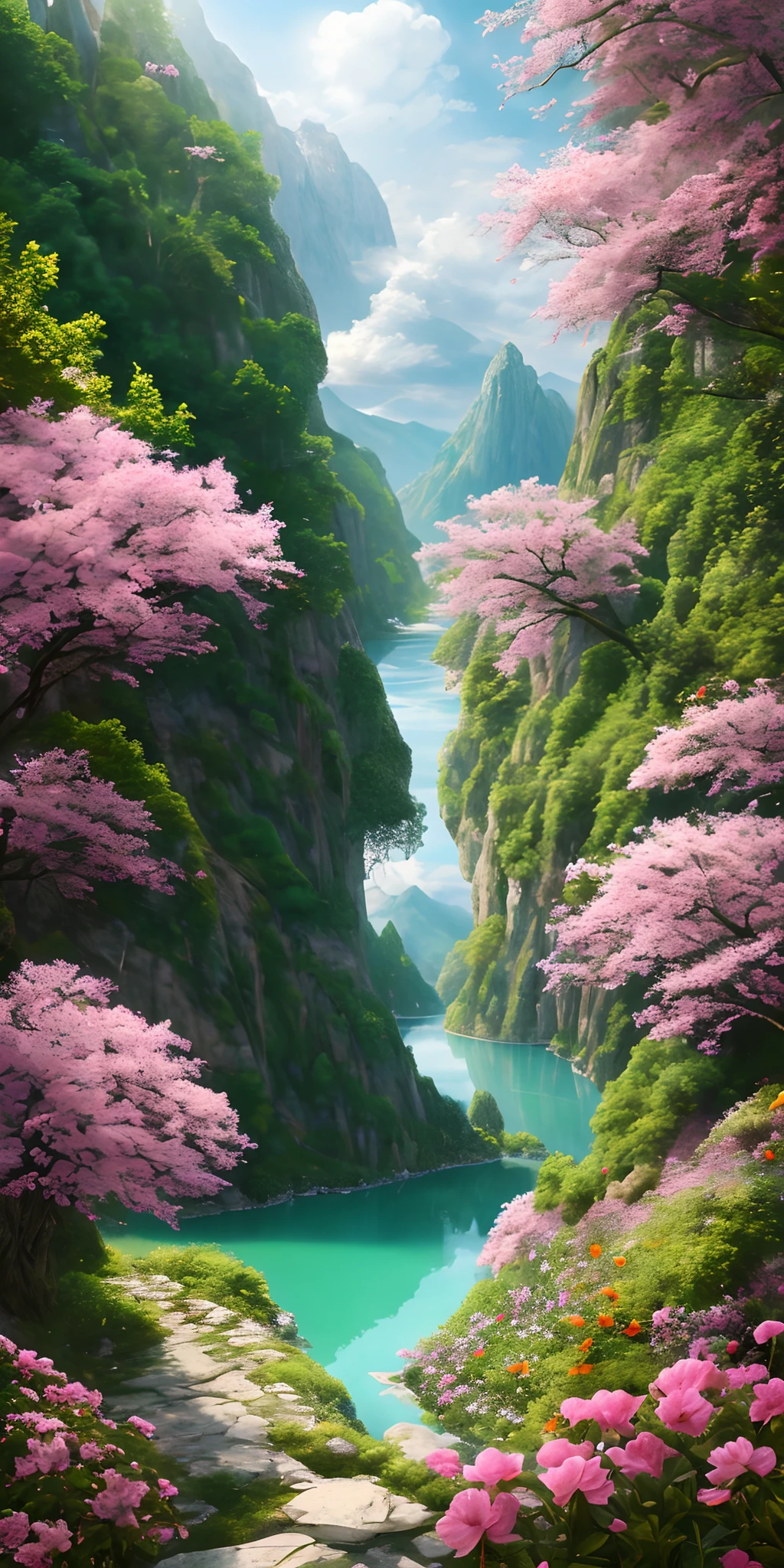 Masterpiece, Best quality, High quality, Extremely detailed Cg Unity 8K wallpaper, The landscape, do lado de fora,Fleur, clouds, tag, No Man, mont, The landscape, Eau, The tree, yuki, Cascade, precipice, Nature, lake, River, slice,an award winning photograph, Bokeh, depth of fields, hdr, florals, color difference ,photoreallistic,Extremely detailed, trending in the art station, CGoncil trends, 复杂, High detail, dramatic, art by midjourney