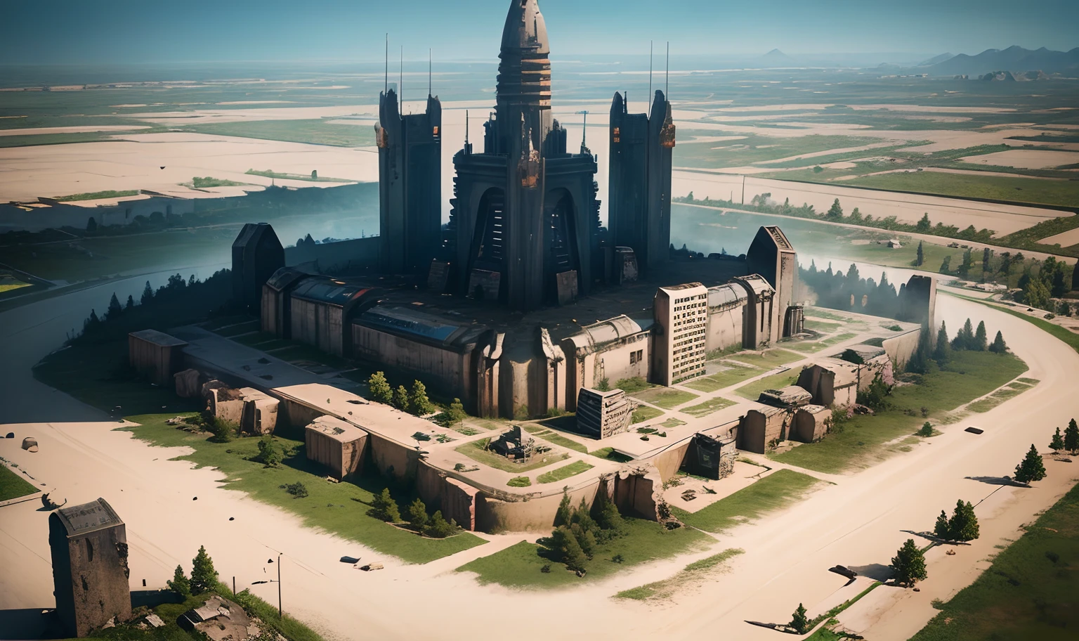 A post-apocalyptic city surrounded by walls,Top-down view,Waste soil style,Well laid out,cyber punk perssonage,There is a lake in the city,There are many watchtowers and vehicles