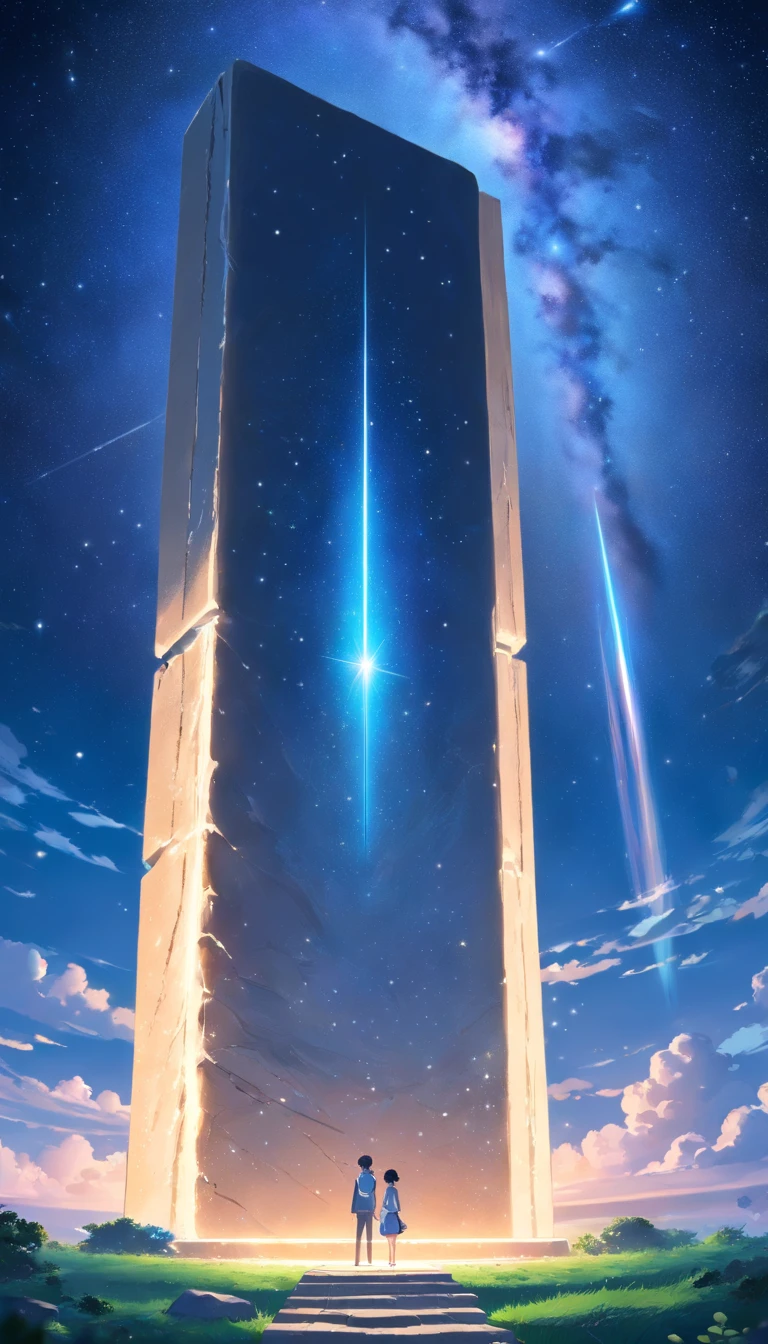 A stone tablet floats in the starry sky,The stele is covered with unknown text,A spaceship hangs in front of a stone monument,There are no characters in the picture,There is no ground either