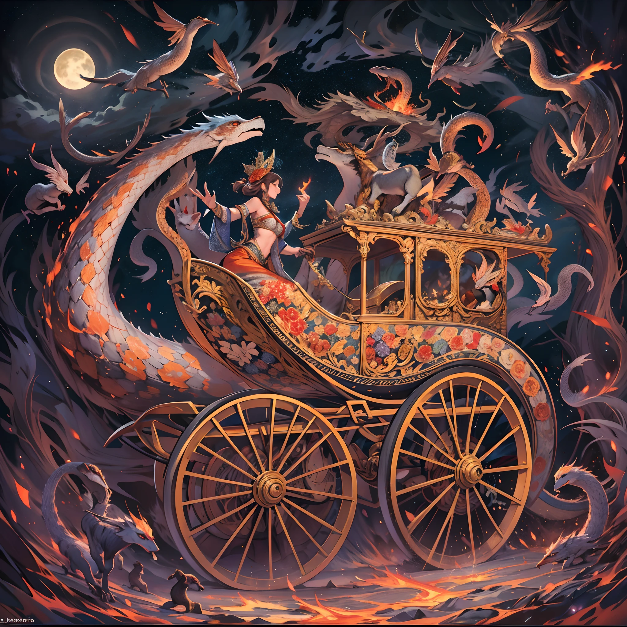 In the midst of a dark and mystical scenario, se vislumbra un majestuoso carruaje de fuego que parece materializarse de las sombras. The flames dance with a magical ardor, Remolinos en formas caprichosas alrededor del carruaje, pintando el cielo nocturno con tonalidades naranjas y rojizas.
This carriage is being guided by two towering snakes, con escamas iridiscentes que reflejan las llamas, wrapped in an ethereal dance. Their bodies meander in perfect harmony, forming aerial spirals while playing magic flutes with their fangs. The melody emanating from his flutes is hypnotic and melancholic..., atrapando a todo aquel que la escuche en un trance de asombro.
Las serpientes parecen enlazar sus cuerpos, formando un arco sobre el carruaje, Granting an aura of protection and power. Las luces centelleantes de las llamas resaltan los detalles intrincados del carruaje, revealing mystical engravings and ornaments that shine in the fire.
The carriage itself is adorned with magical and ancient motifs, Reminiscent of mythological creatures and alchemical symbols. The wheels look like they're made of solid fire, spinning in a rhythm synchronized with the melodious music of snakes, dejando una estela luminosa a su paso.
en el fondo, un oscuro, The starry horizon serves as a backdrop, accentuating the enigmatic presence of this chariot of fire guided by snakes Music. It is a scene that seems to be taken from a magical tale, llena de misterio y magia.
