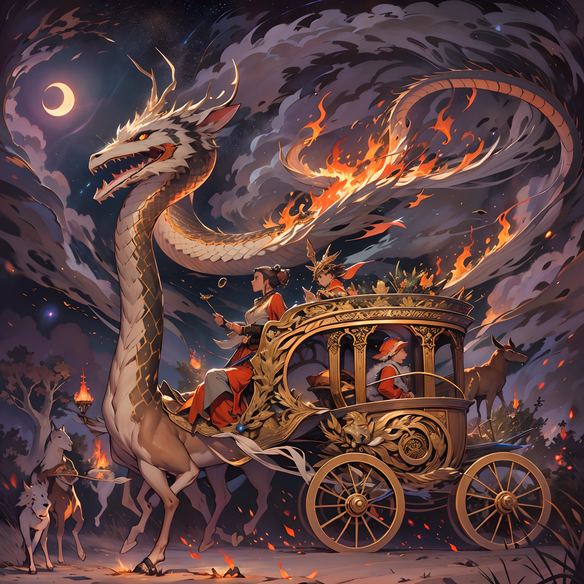 In the midst of a dark and mystical scenario, se vislumbra un majestuoso carruaje de fuego que parece materializarse de las sombras. The flames dance with a magical ardor, Remolinos en formas caprichosas alrededor del carruaje, pintando el cielo nocturno con tonalidades naranjas y rojizas.
This carriage is being guided by two towering snakes, con escamas iridiscentes que reflejan las llamas, wrapped in an ethereal dance. Their bodies meander in perfect harmony, forming aerial spirals while playing magic flutes with their fangs. The melody emanating from his flutes is hypnotic and melancholic..., atrapando a todo aquel que la escuche en un trance de asombro.
Las serpientes parecen enlazar sus cuerpos, formando un arco sobre el carruaje, Granting an aura of protection and power. Las luces centelleantes de las llamas resaltan los detalles intrincados del carruaje, revealing mystical engravings and ornaments that shine in the fire.
The carriage itself is adorned with magical and ancient motifs, Reminiscent of mythological creatures and alchemical symbols. The wheels look like they're made of solid fire, spinning in a rhythm synchronized with the melodious music of snakes, dejando una estela luminosa a su paso.
en el fondo, un oscuro, The starry horizon serves as a backdrop, accentuating the enigmatic presence of this chariot of fire guided by snakes Music. It is a scene that seems to be taken from a magical tale, llena de misterio y magia.