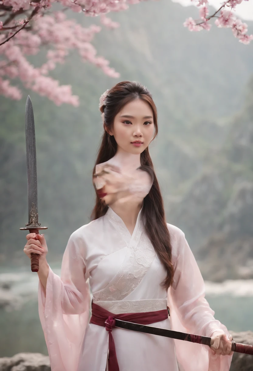 photorealistic, Vietnamese girl in snowy ao dai holding a sword, digital photo, real, win, dragon, battle, peach blossom, light sunshine, Ha Long Bay, fantasy, galaxy