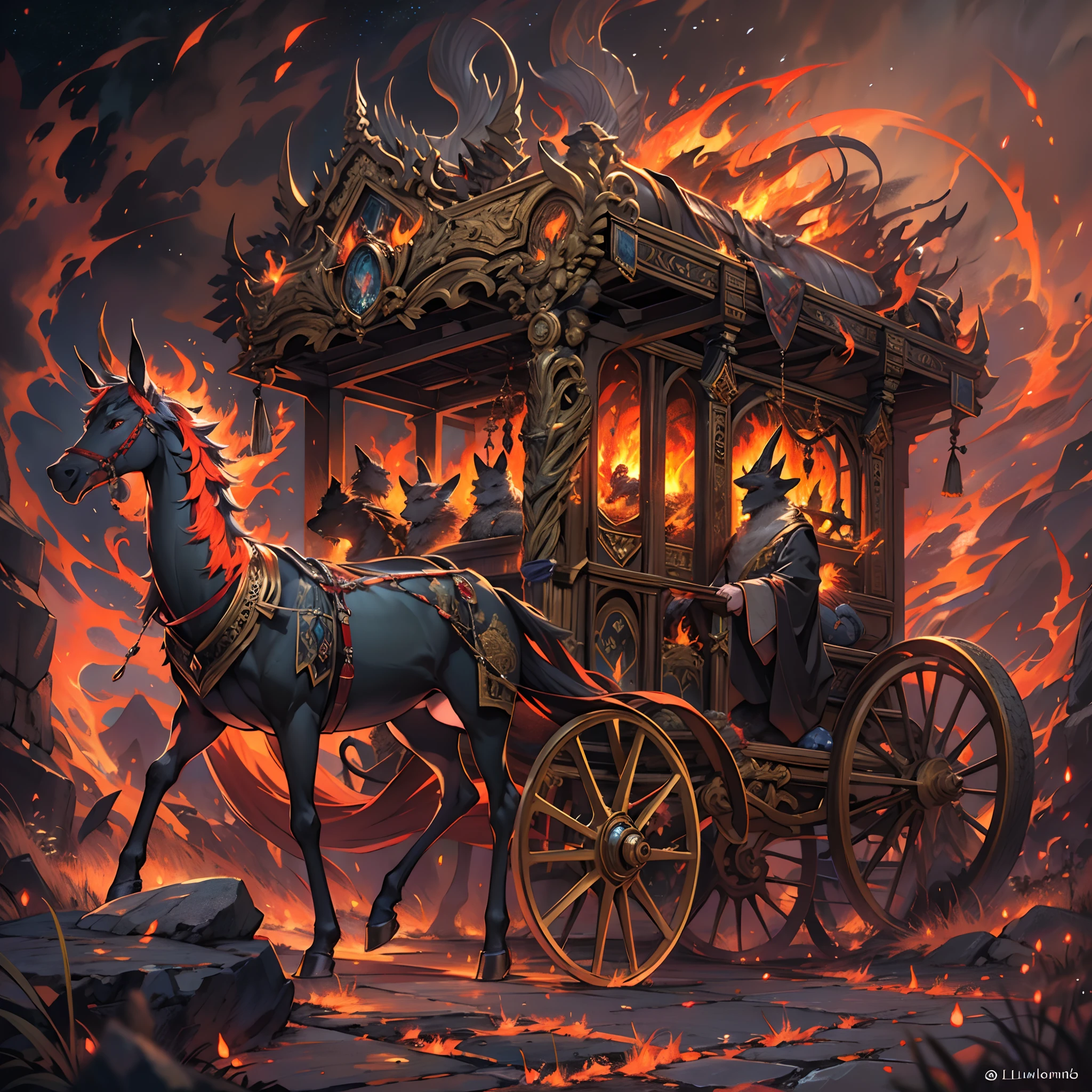 In the midst of a dark and mystical scenario, se vislumbra un majestuoso carruaje de fuego que parece materializarse de las sombras. The flames dance with a magical ardor, Remolinos en formas caprichosas alrededor del carruaje, pintando el cielo nocturno con tonalidades naranjas y rojizas.
This carriage is being guided by two towering snakes, con escamas iridiscentes que reflejan las llamas, wrapped in an ethereal dance. Their bodies meander in perfect harmony, forming aerial spirals while playing magic flutes with their fangs. The melody emanating from his flutes is hypnotic and melancholic..., atrapando a todo aquel que la escuche en un trance de asombro.
Las serpientes parecen enlazar sus cuerpos, formando un arco sobre el carruaje, Granting an aura of protection and power. Las luces centelleantes de las llamas resaltan los detalles intrincados del carruaje, revealing mystical engravings and ornaments that shine in the fire.
The carriage itself is adorned with magical and ancient motifs, Reminiscent of mythological creatures and alchemical symbols. The wheels look like they're made of solid fire, spinning in a rhythm synchronized with the melodious music of snakes, dejando una estela luminosa a su paso.
en el fondo, un oscuro, The starry horizon serves as a backdrop, accentuating the enigmatic presence of this chariot of fire guided by snakes Music. It is a scene that seems to be taken from a magical tale, llena de misterio y magia.