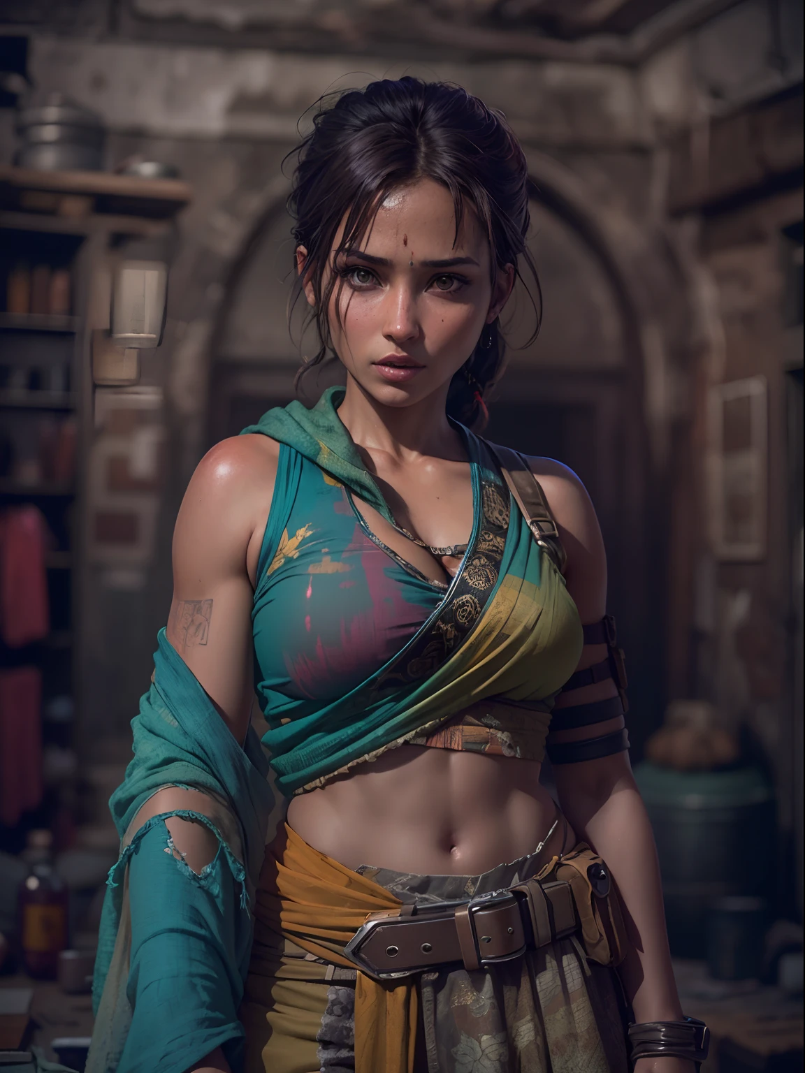 ((Best quality)) , ((Masterpiece)) , (Detailed) , unity engine, Line-of-sight horizontal lens from the original Heisei era (Lara Croft) , Directing episodes, Dressed in shabby acid color Lehenga, Geek wallet, Spooky Barrett, nevando, equirectangular 360, Evil, Vaporpunk, Nostalgic lighting, 35mm, Kodachrome, 8K resolution