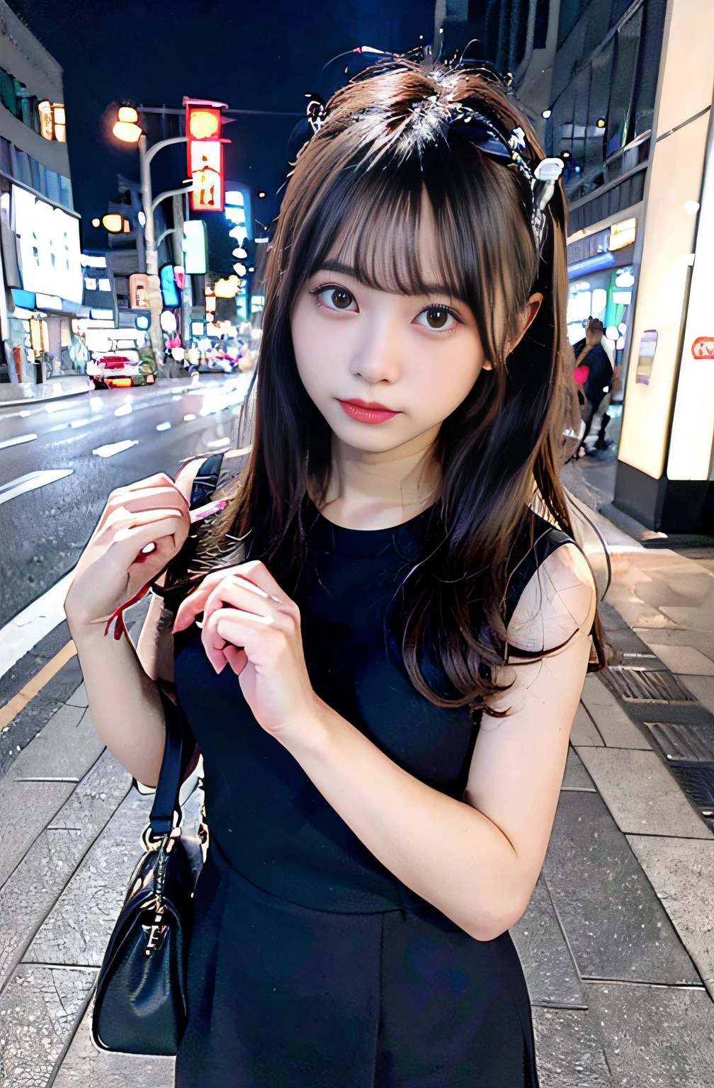 女の子1人、25-years old、on tokyo street、natta、A city scape、city light、165cm、thighs thighs thighs thighs、beauty legs、Black Dress、bags、irate、glares、a cold expression、feeling of disgust(8K、Raw photography、top-quality、​masterpiece:1.2)、(realisitic、photoRealstic:1.37)、