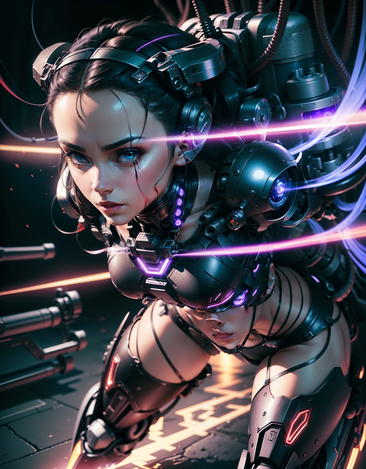 1 mechanical girl, batle alita angel | | |, ((super realistic details)), portrait, global illumination, shadows, octane rendering, 8k, super sharp, metal, complex, ornamental detailed, cool colors, egyptian details, highly complex details, realistic light, CGsociety trends, bright eyes, facing camera, Neon details, mechanical limbs, blood vessels attached to tubes, mechanical vertebrae attached to the back, mechanical cervical vertebrae attached to the neck, Full body, purple wires and cables attached to the head, (heel socks), (red blood), (black and white armor), (transparent bone), provocative sexy posture, bikini white, red