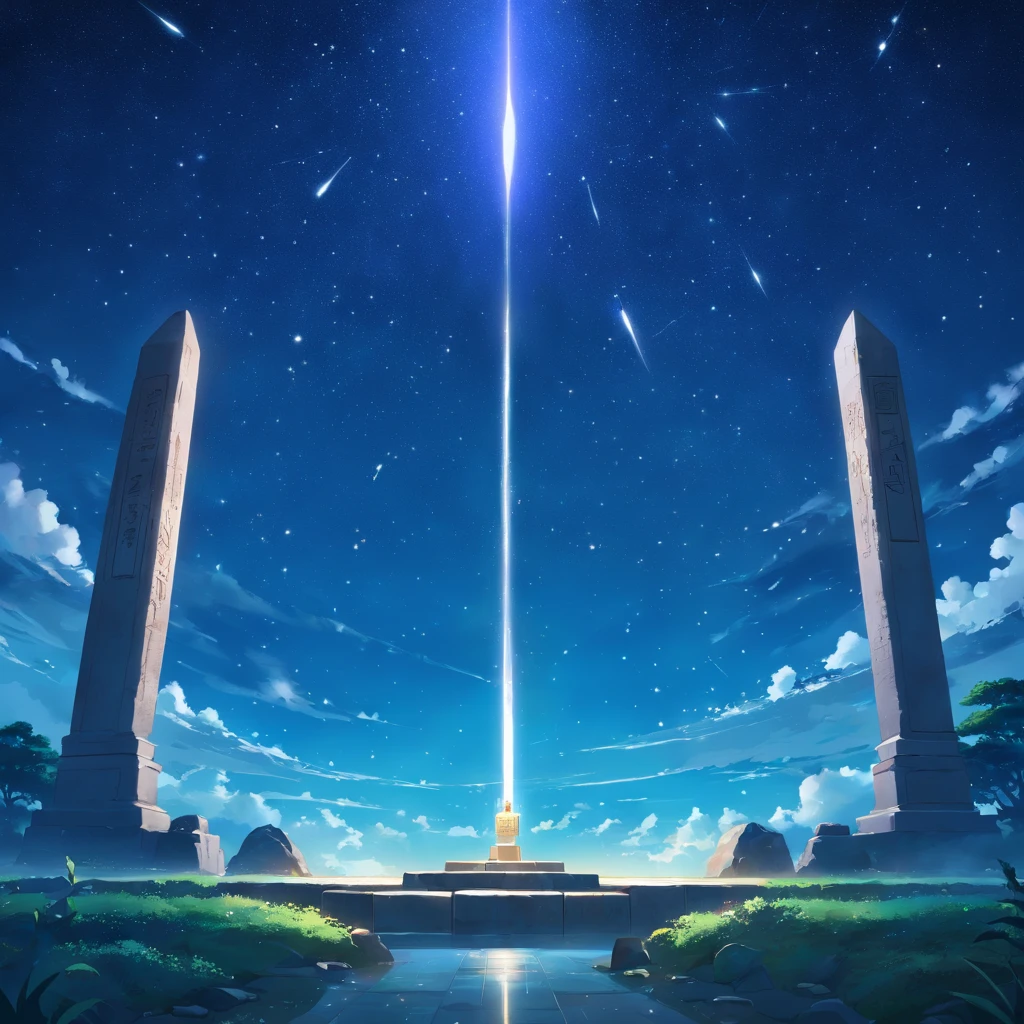 A stone tablet floats in the starry sky,The stele is covered with unknown text,A spaceship hangs in front of a stone monument,There are no characters in the picture,There is no ground either