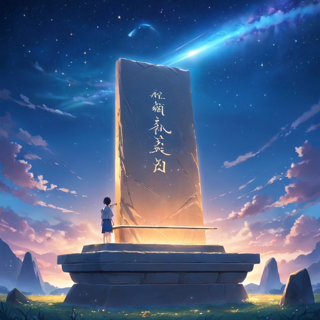 A stone tablet floats in the starry sky,The stele is covered with unknown text,A spaceship hangs in front of a stone monument,There are no characters in the picture,There is no ground either