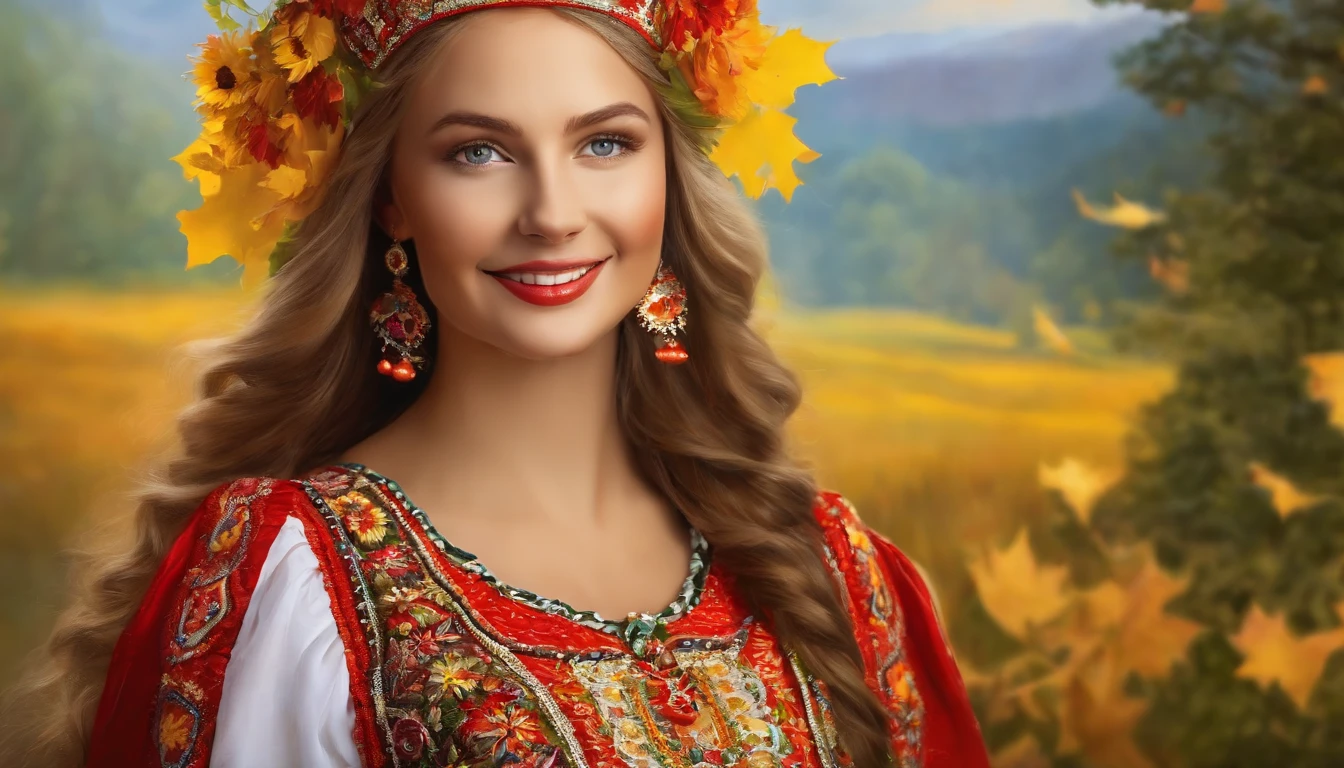 (best quality,4k,8k,highres,masterpiece:1.2),ultra-detailed,realistic, close-up of a smiling Ukrainian girl in a vibrant white national costume with the inscription "I love Ukraine". The girl has beautiful blonde hair and wears stunning makeup that enhances her features. Her eyes sparkle with joy, and her lips radiate a warm and welcoming smile. The costume has intricate embroidery and unique patterns that represent the rich Ukrainian culture. The girl's open neckline accentuates her graceful neck and adds a touch of elegance to the overall composition. The scene is set against a backdrop of breathtaking autumn colors, with vibrant red, orange, and golden leaves adorning the trees. The atmosphere is filled with the warm glow of a sunny day, enveloping the girl and highlighting her beauty. The composition captures the essence of Ukrainian pride, joy, and the love for their country. This artwork is created with the medium of an exquisite oil painting, allowing for meticulous brushstrokes and intricate details. The realistic rendering ensures that every aspect of the girl's appearance and the costume is captured authentically, reflecting the artist's attention to detail. The painting exhibits vivid colors that bring the entire composition to life, making it visually stunning. The lighting in the painting is carefully orchestrated, casting gentle rays of sunlight that softly illuminate the subject, creating depth and adding a touch of magic to the scene.