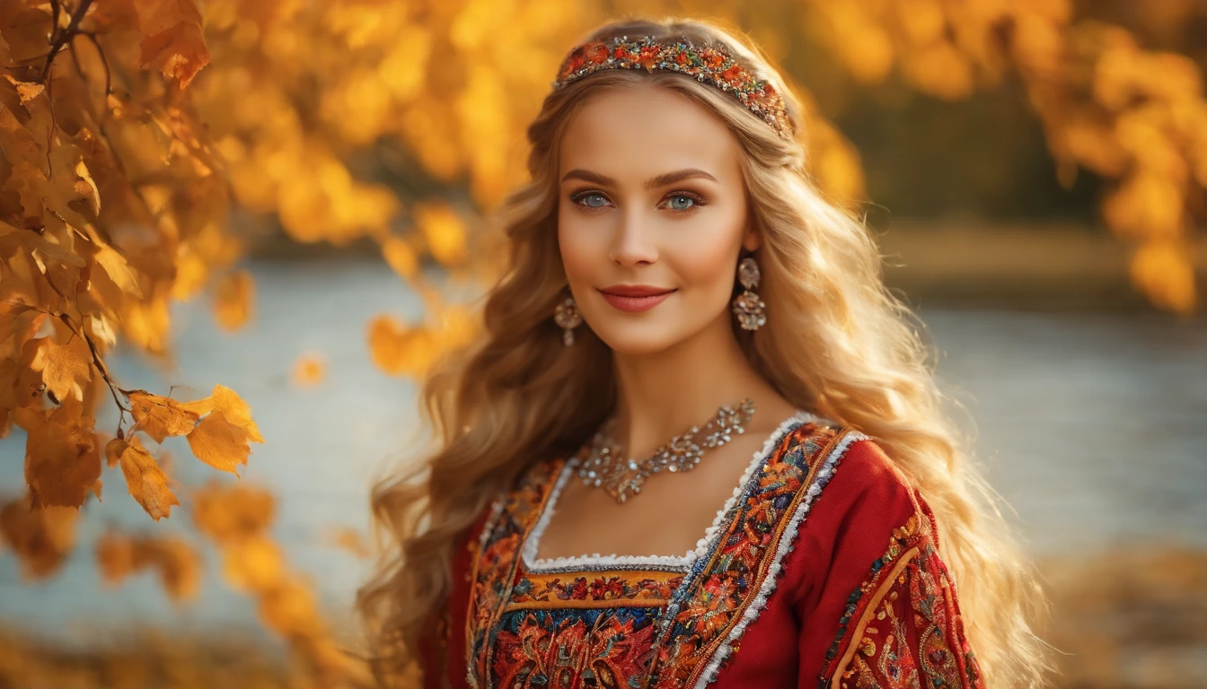 (best quality,4k,8k,highres,masterpiece:1.2),ultra-detailed,realistic, close-up of a smiling Ukrainian girl in a vibrant white national costume with the inscription "I love Ukraine". The girl has beautiful blonde hair and wears stunning makeup that enhances her features. Her eyes sparkle with joy, and her lips radiate a warm and welcoming smile. The costume has intricate embroidery and unique patterns that represent the rich Ukrainian culture. The girl's open neckline accentuates her graceful neck and adds a touch of elegance to the overall composition. The scene is set against a backdrop of breathtaking autumn colors, with vibrant red, orange, and golden leaves adorning the trees. The atmosphere is filled with the warm glow of a sunny day, enveloping the girl and highlighting her beauty. The composition captures the essence of Ukrainian pride, joy, and the love for their country. This artwork is created with the medium of an exquisite oil painting, allowing for meticulous brushstrokes and intricate details. The realistic rendering ensures that every aspect of the girl's appearance and the costume is captured authentically, reflecting the artist's attention to detail. The painting exhibits vivid colors that bring the entire composition to life, making it visually stunning. The lighting in the painting is carefully orchestrated, casting gentle rays of sunlight that softly illuminate the subject, creating depth and adding a touch of magic to the scene.
